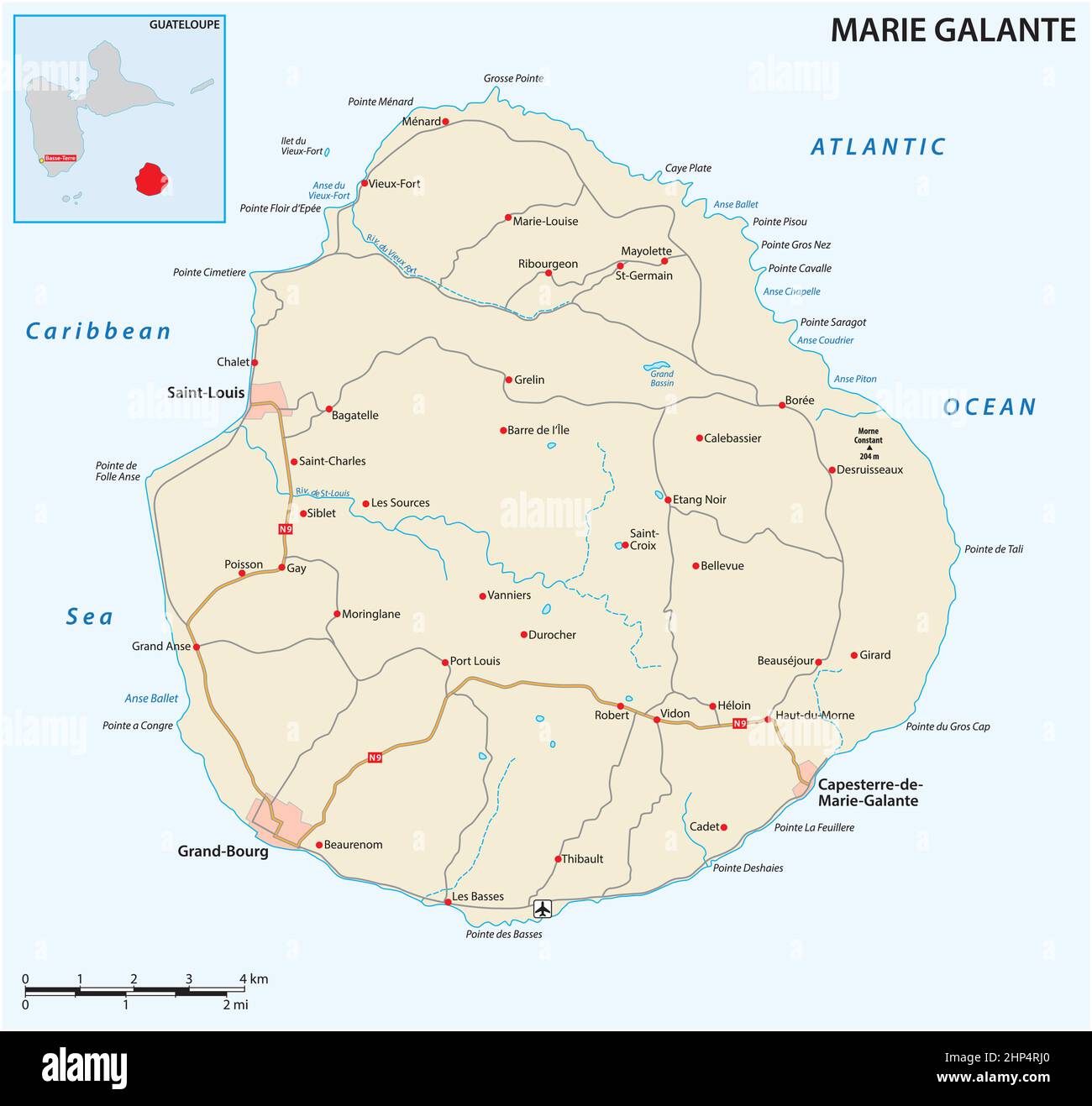 Cartina stradale dell'isola di Marie Galante, parte della Guadalupa Illustrazione Vettoriale