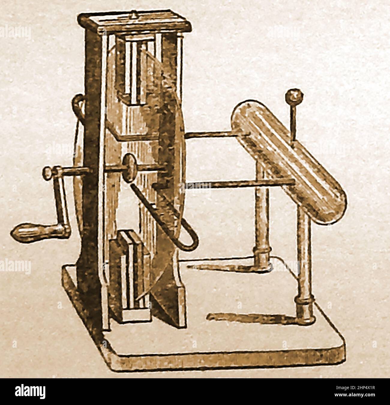 PRIMI ESPERIMENTI DI ELETTRICITÀ - un'incisione di fine 19th secolo di una macchina elettrica a piastre per produrre elettricità. Foto Stock