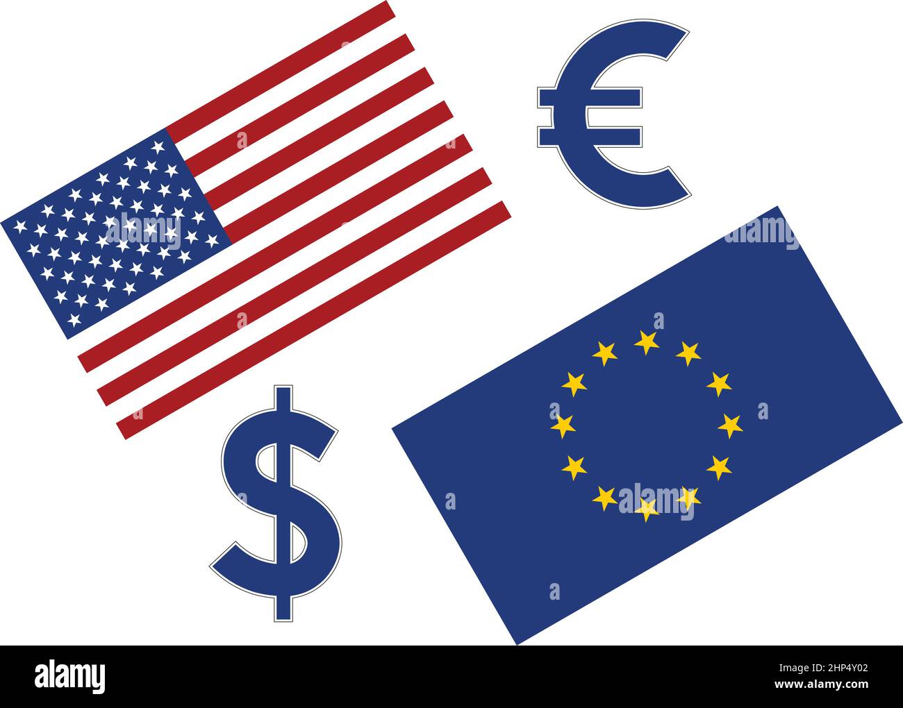 EURUSD forex coppia di valute illustrazione. Ue e bandiera americana, con Euro e simbolo del dollaro. Illustrazione Vettoriale