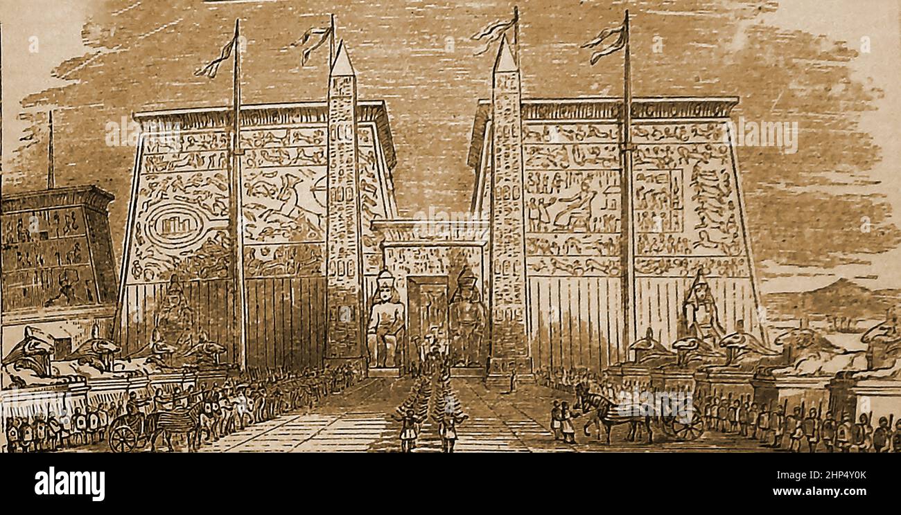 Un'illustrazione di fine 19th secolo che mostra un restauro percepito del Propylon o porta del Tempio di Luxor come avrebbe guardato nel suo periodo di massimo splendore Foto Stock