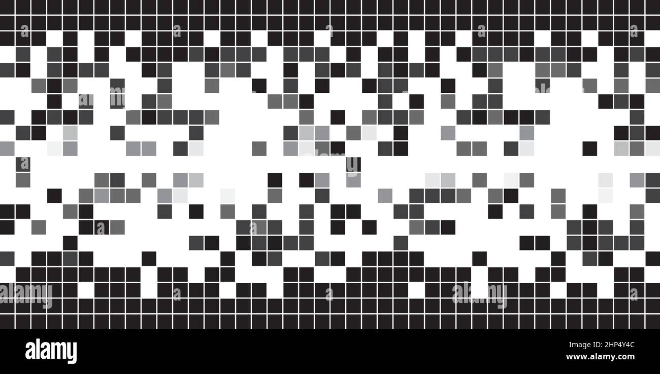 Sfumatura del motivo pixel del bordo in scala di grigi. Tessere quadrate grigie disegno di mosaico geometrico. Sfondo vettoriale astratto. Illustrazione Vettoriale