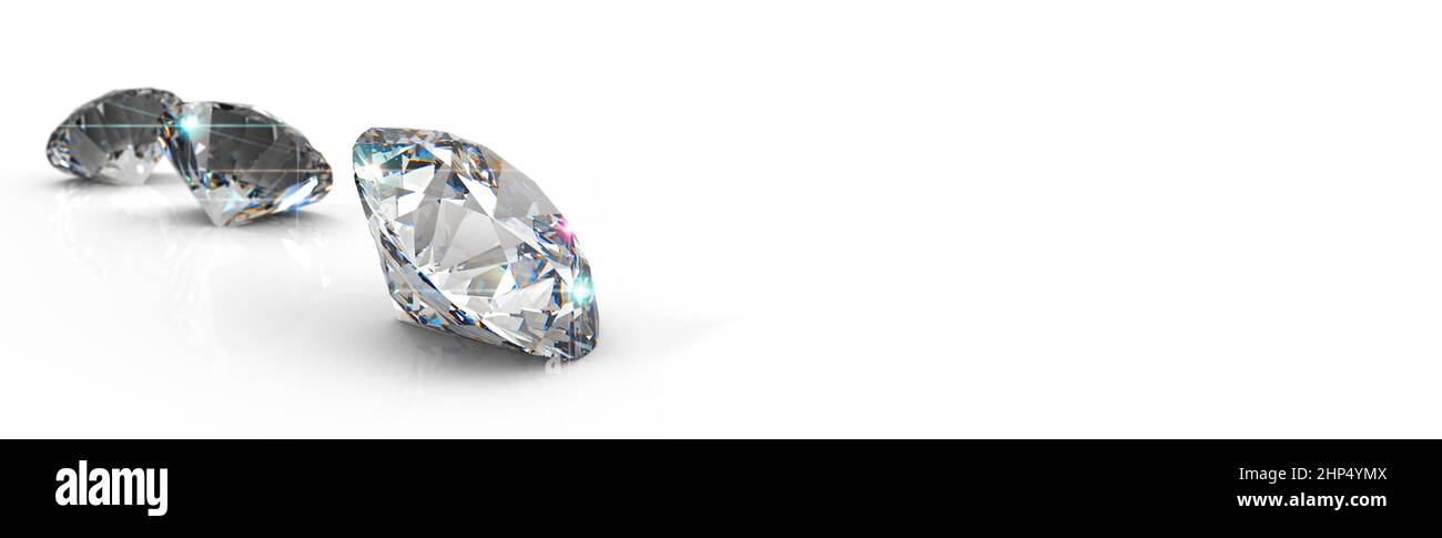 Diamanti isolati 3D rappresentazione illustrazione.taglio rotondo diamante su sfondo bianco lucido, luce posteriore, ombra, raggi caustici. Foto Stock