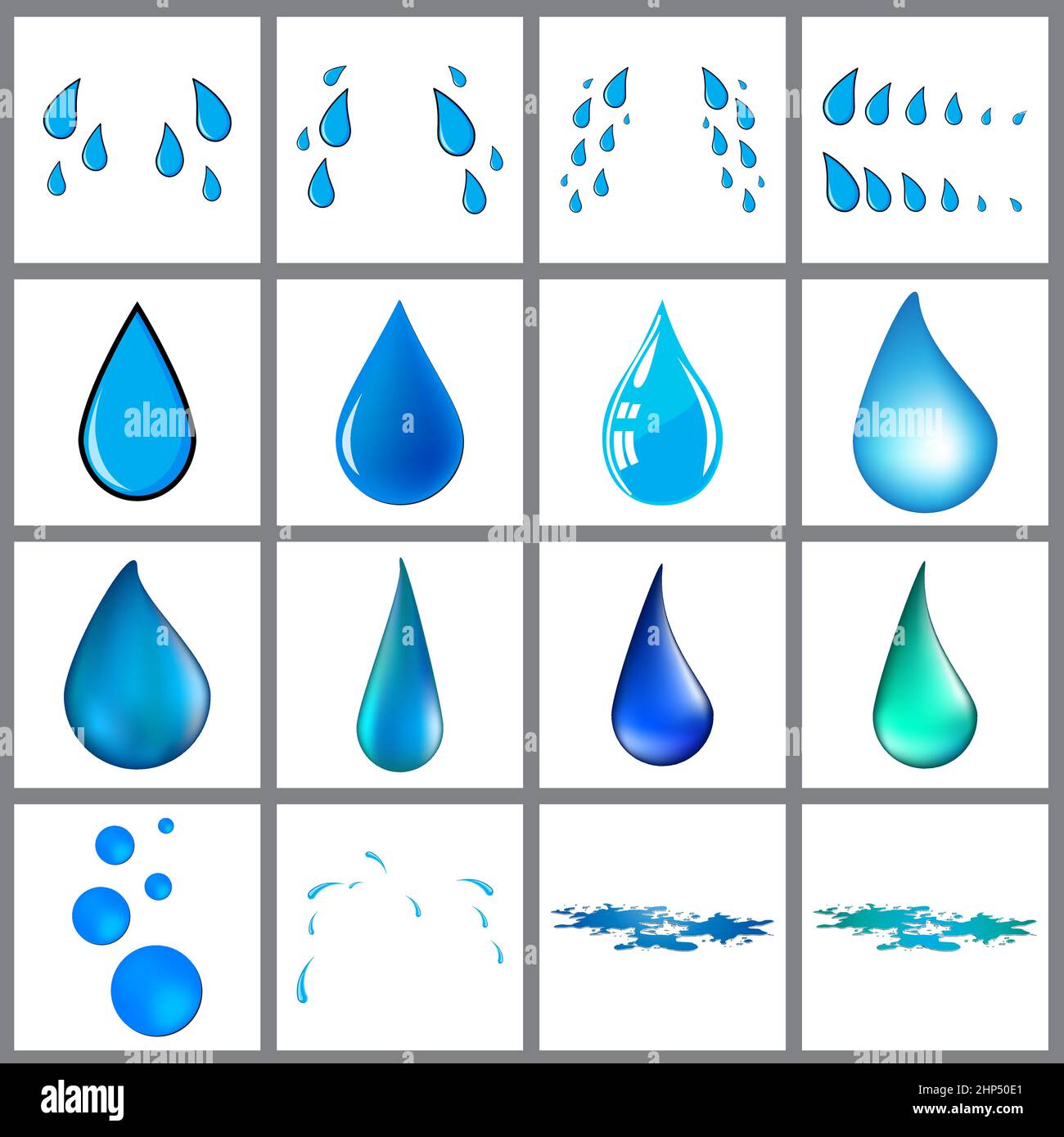 Set di simboli delle gocce d'acqua blu. Modello di pioggia, sudore, lacrime e pozzanghere. Illustrazione vettoriale isolata su bianco. Illustrazione Vettoriale