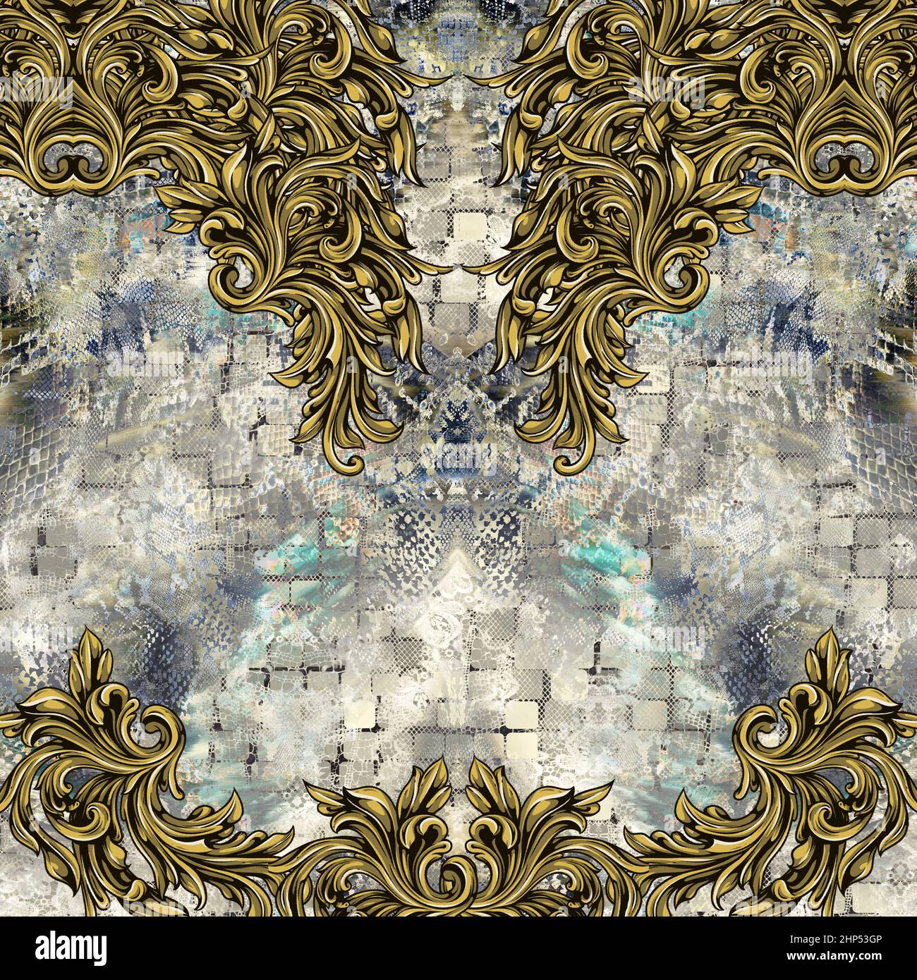 Golden Baroque on Textured background Ready for Textile Prints. Foto Stock
