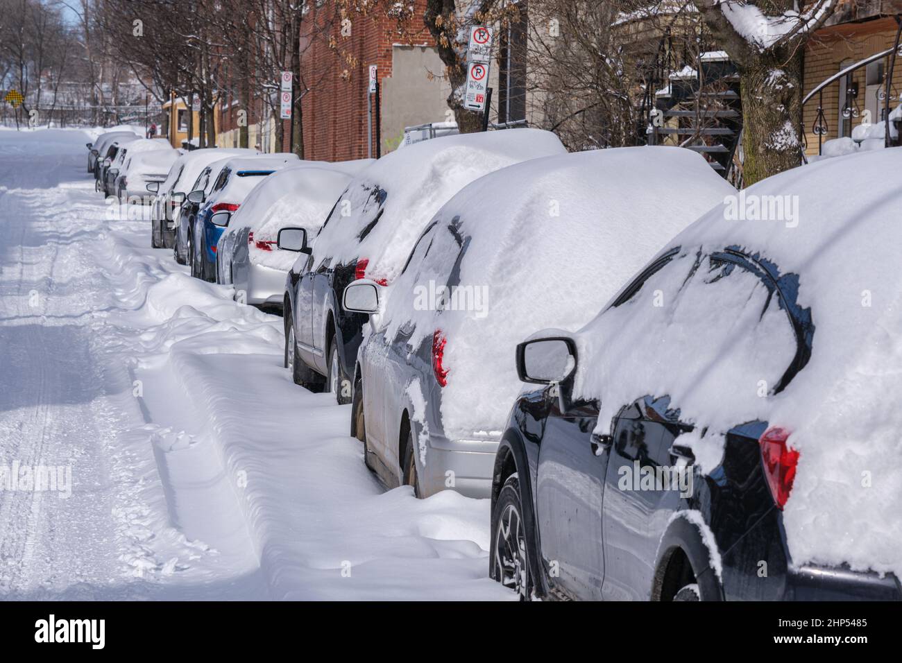 Montreal, Canada - 18 Febbraio 2022: Auto coperte di neve dopo la tempesta di neve. Foto Stock