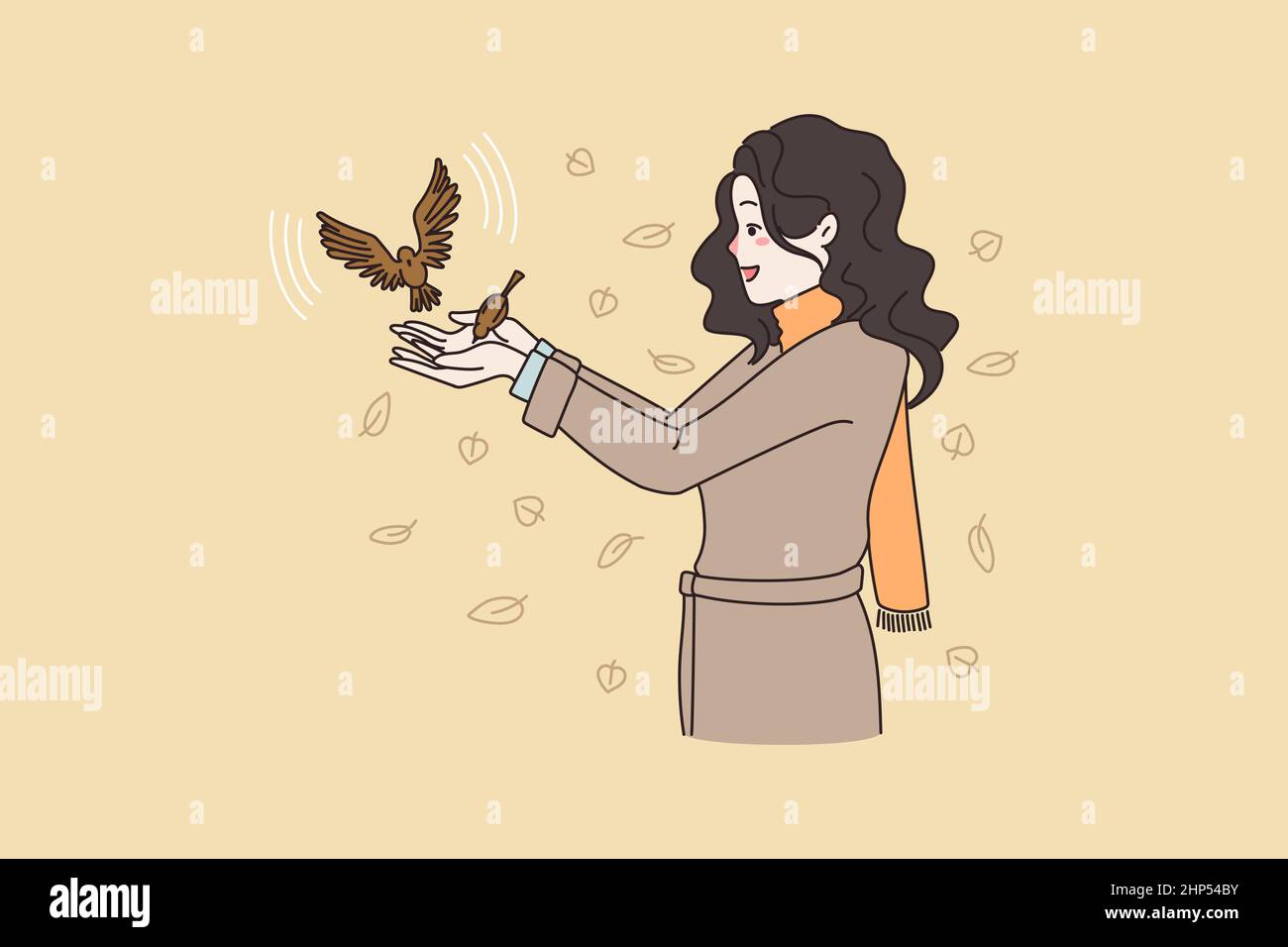 Donna felice nutrire il gioco con gli uccelli all'aperto Illustrazione Vettoriale