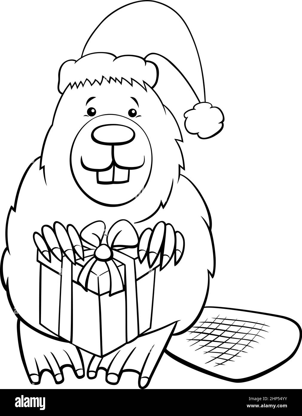 Cartoon Beaver on Natale tempo colorare pagina libro Illustrazione Vettoriale
