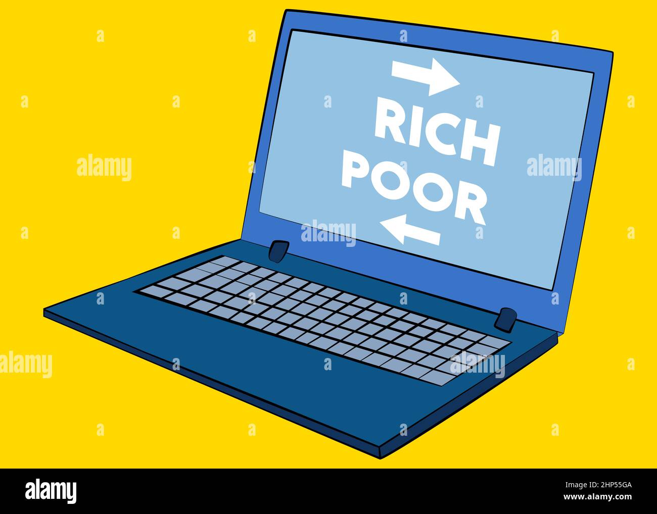 Computer portatile con la parola povera o ricca con frecce sullo schermo. Illustrazione Vettoriale