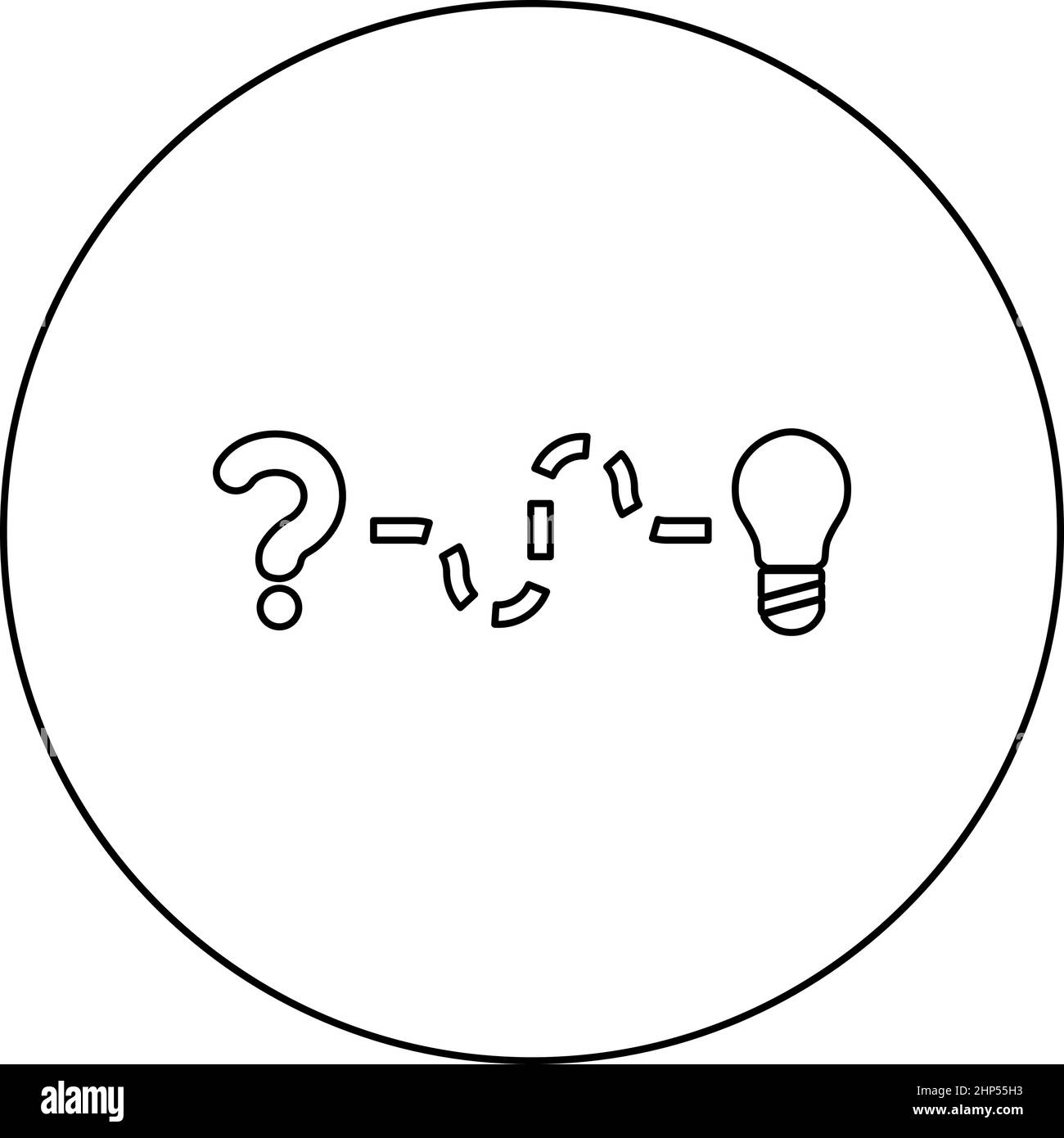 Concetto di trovare una soluzione al problema domanda e percorso alla lampadina Ricerca di un'icona innovazione in cerchio rotondo nero disegno vettoriale a tinta unita immagine stile contorno Illustrazione Vettoriale