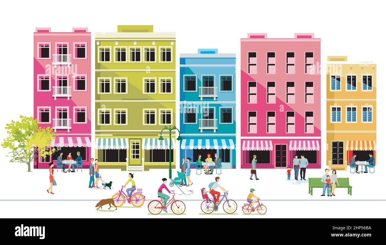 Città con pedoni e famiglie nel tempo libero, zona senza auto, illustrazione Illustrazione Vettoriale
