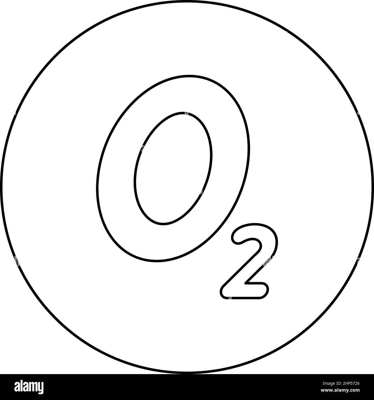 Formula chimica dell'ossigeno O2 icona dell'aria in cerchio circolare immagine vettoriale di colore nero a contorno pieno Illustrazione Vettoriale