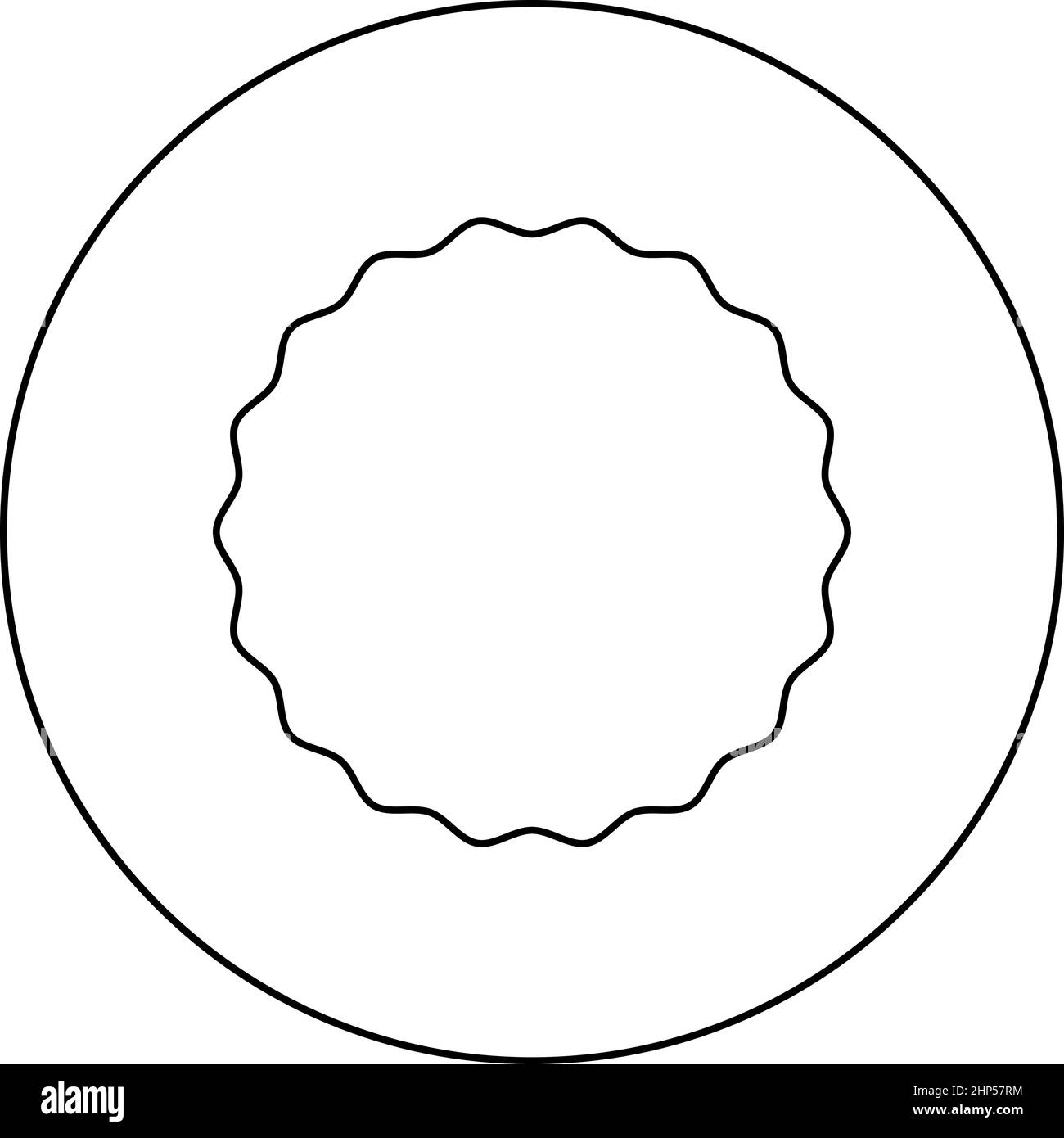 Elemento arrotondato con bordi ondulati etichetta circolare icona adesiva in cerchio rotondo colore nero illustrazione vettoriale immagine a contorno pieno stile Illustrazione Vettoriale