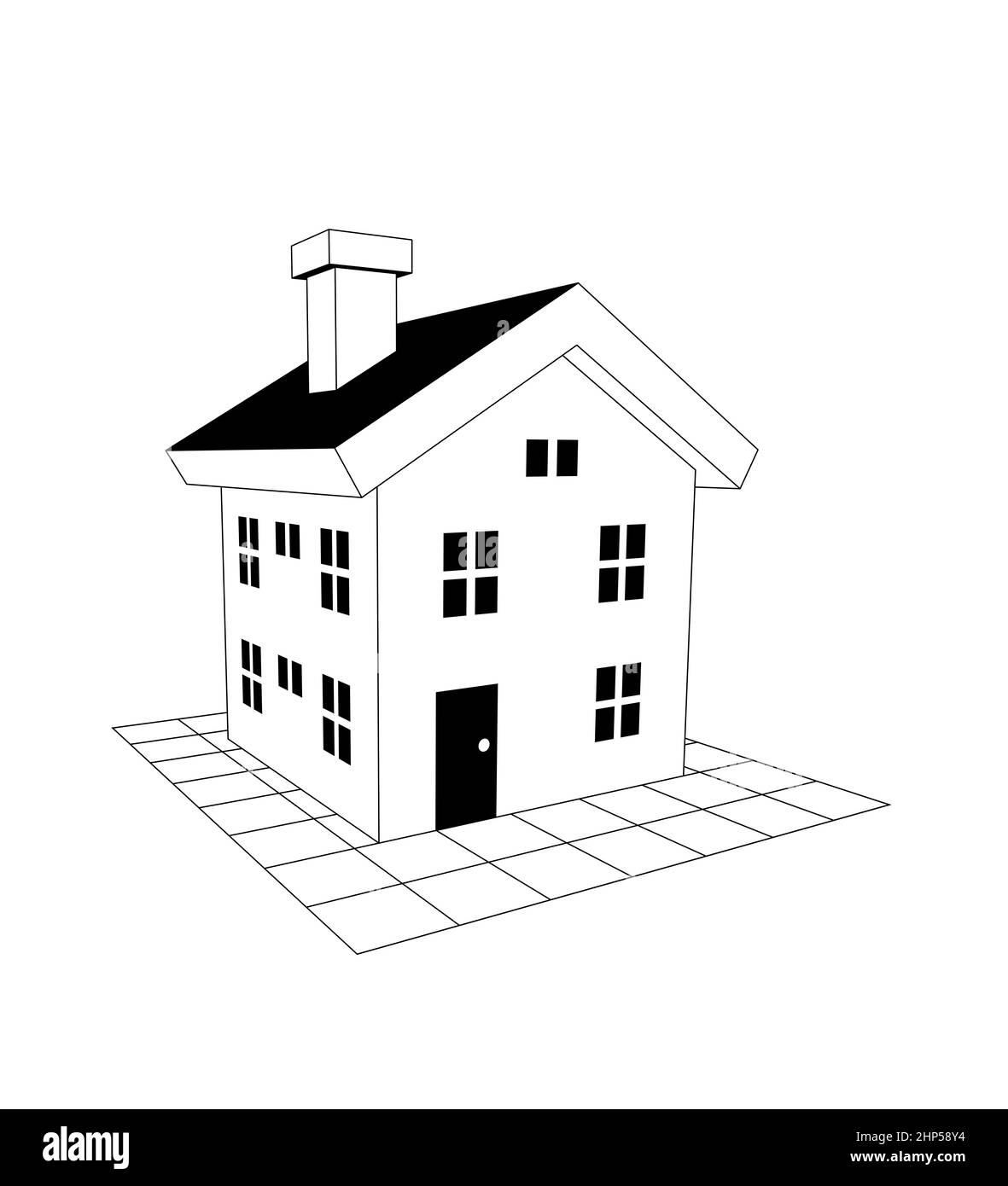 semplice illustrazione di una casa di 3d due piani con un camino, in bianco e nero vista prospettica isolato su bianco Foto Stock