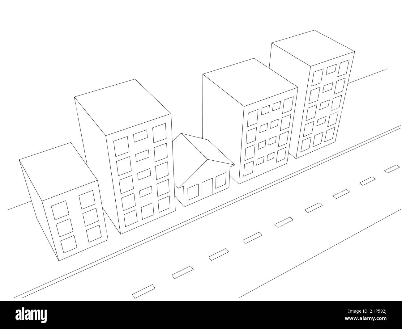 semplice illustrazione di edifici della città e una piccola casa nel 3d. vista prospettica aerea Foto Stock