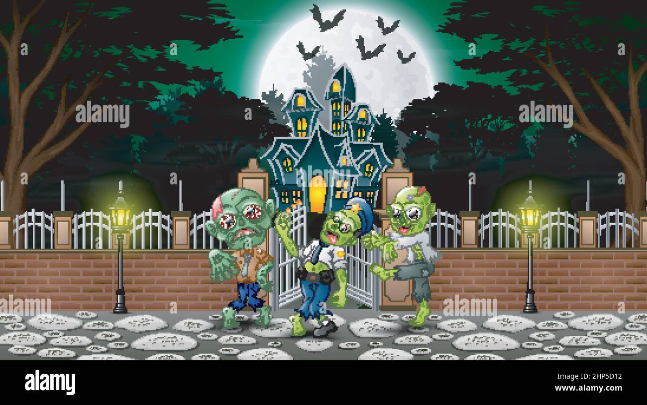 Cartoon di zombie gruppo il giorno di Halloween con sfondo hunted casa Illustrazione Vettoriale