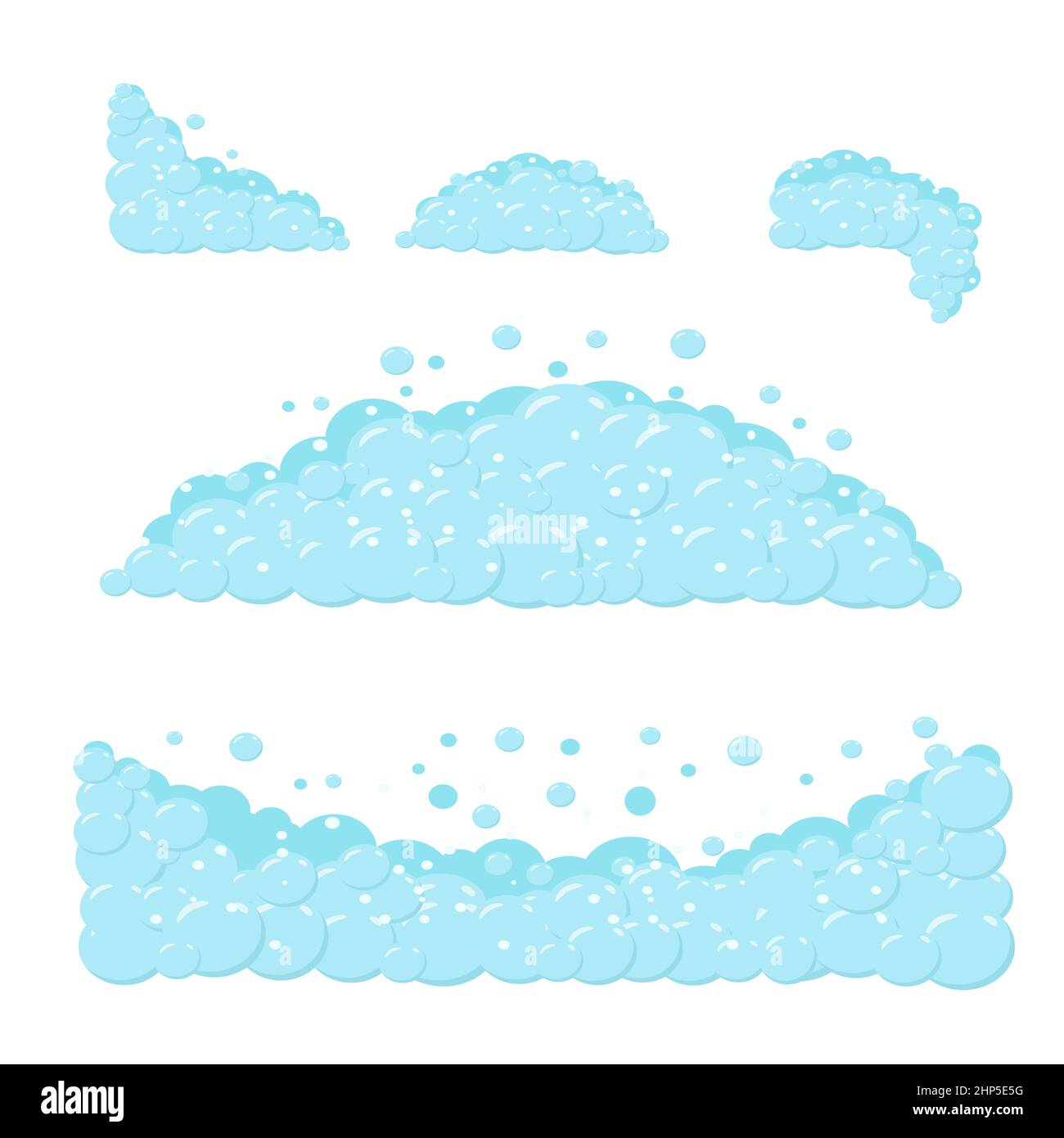 Elementi di schiuma di sapone cartoon. Illustrazione vettoriale di un frammento di schiuma di sapone di shampoo cartoon in una vasca da bagno su sfondo bianco. Illustrazione Vettoriale