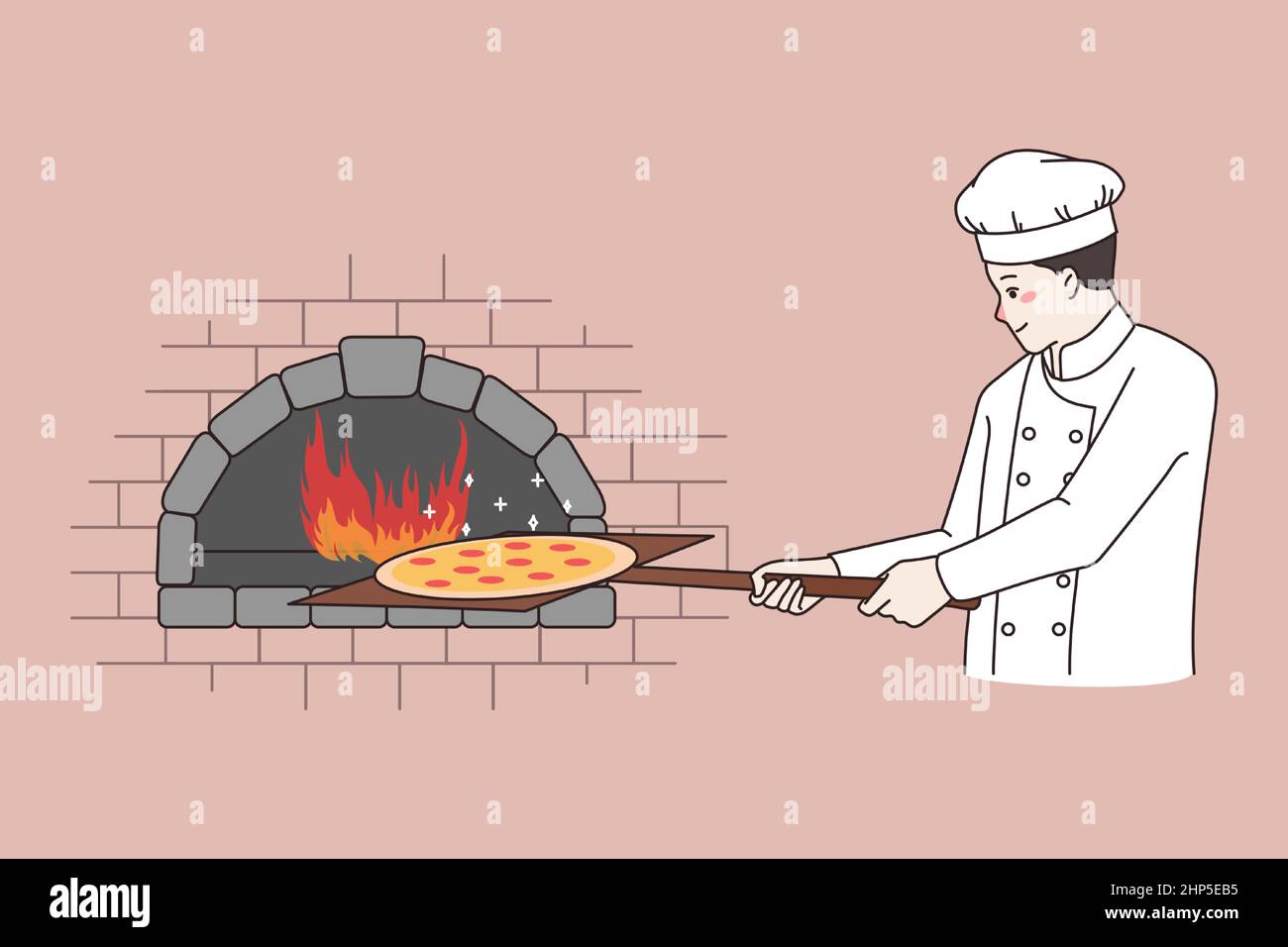 Lo chef prepara la pizza nel forno a pietra del ristorante Illustrazione Vettoriale