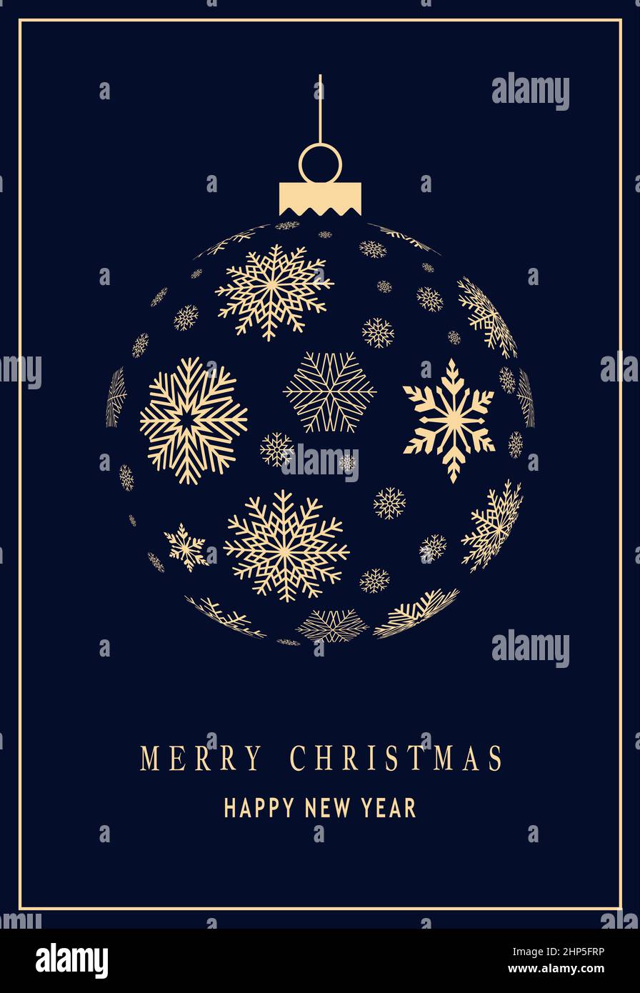 Palla di Natale o vettore bauble con fiocchi di neve. Appendiabiti in oro con catena. Illustrazione Vettoriale