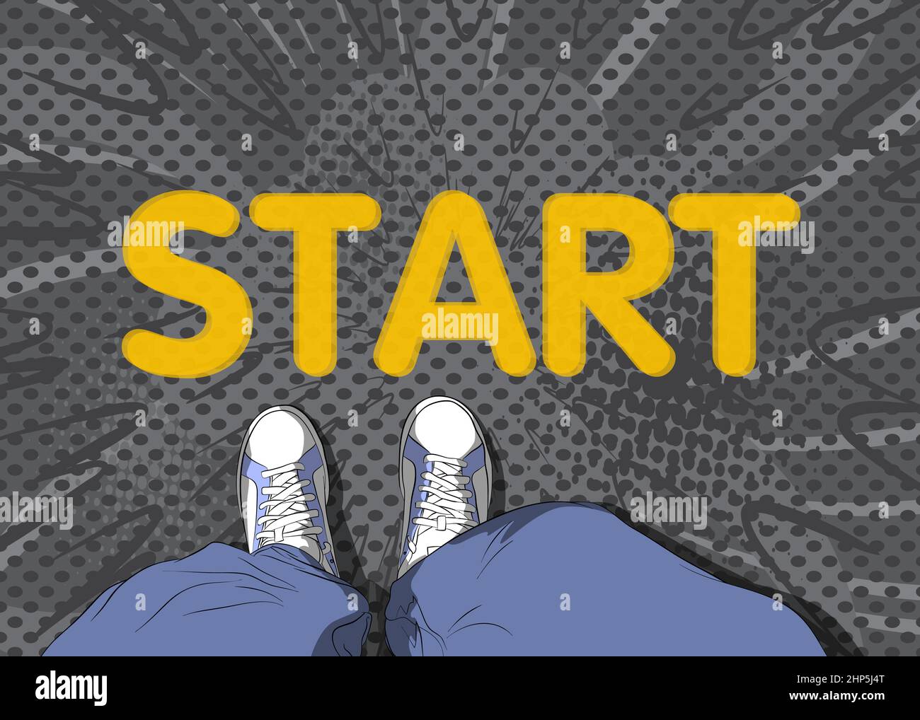 Fumetto illustrato immagine vettoriale delle gambe in stivali su Start Word. Illustrazione Vettoriale