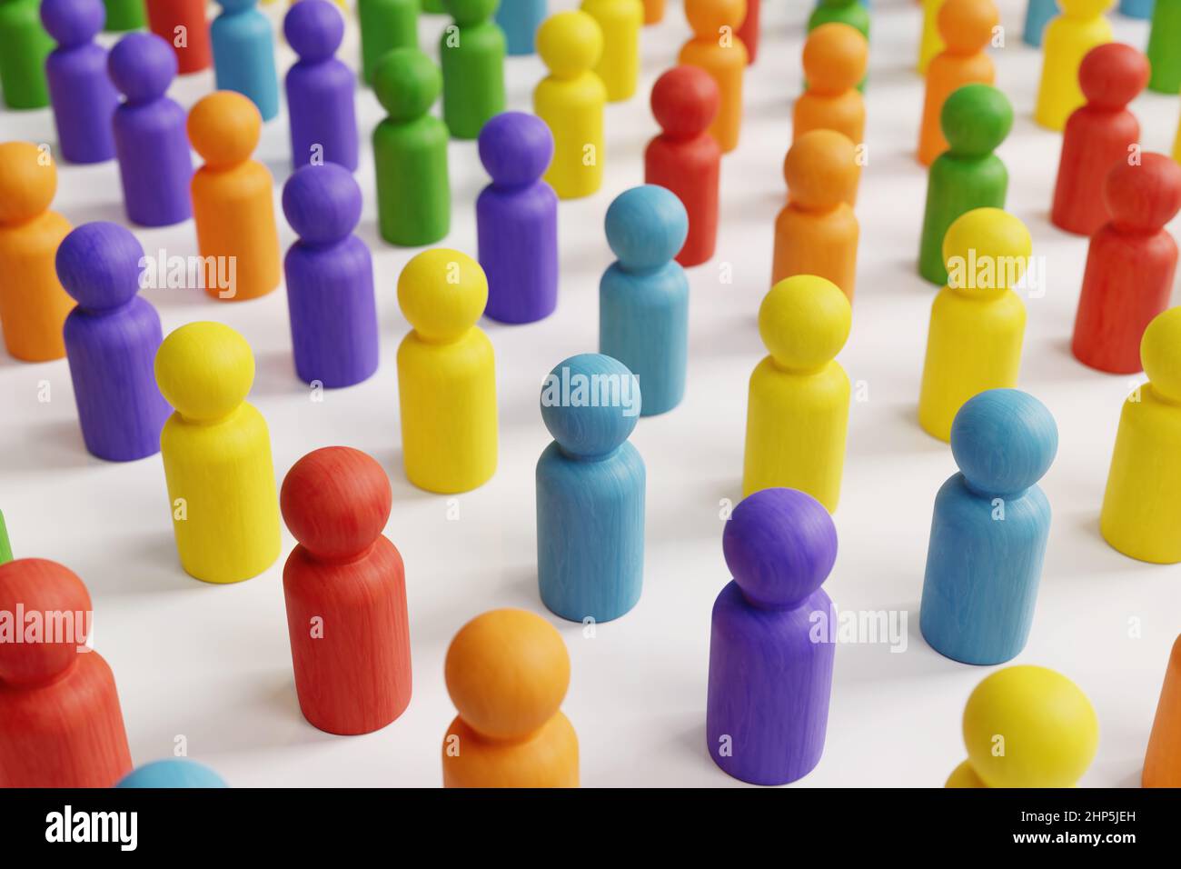 Diversità, uguaglianza e rappresentazione. Bambola di legno figure in diverse tonalità. 3D rendering. Foto Stock