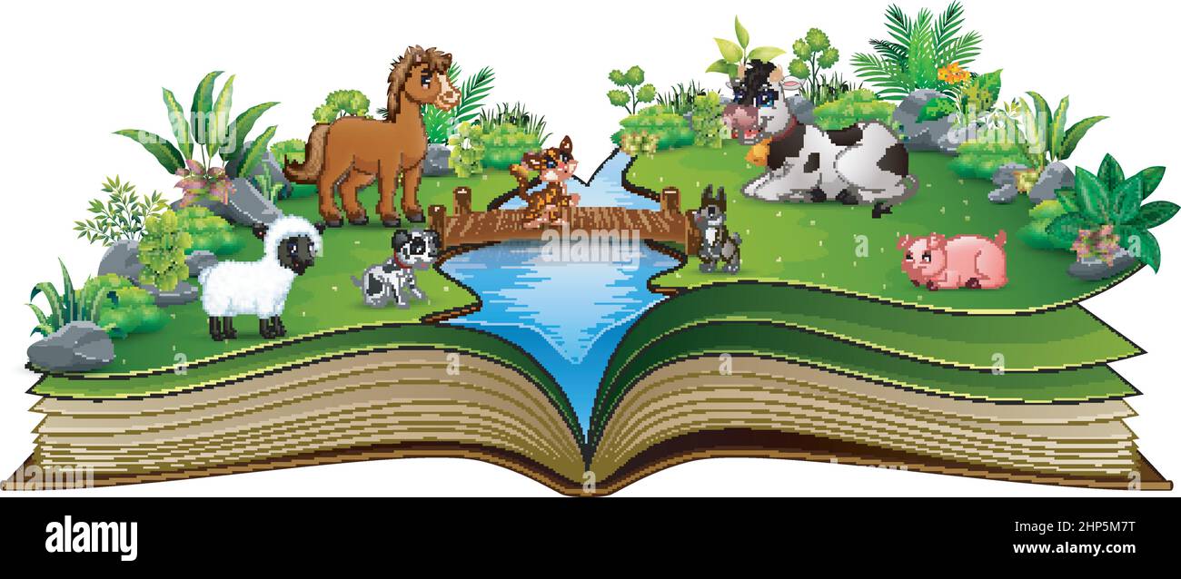 Libro aperto con fattoria animali nel parco Illustrazione Vettoriale