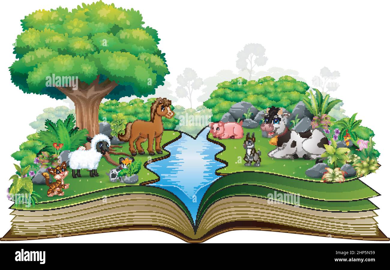 Libro aperto con allevamento di animali che gioca nel parco Illustrazione Vettoriale