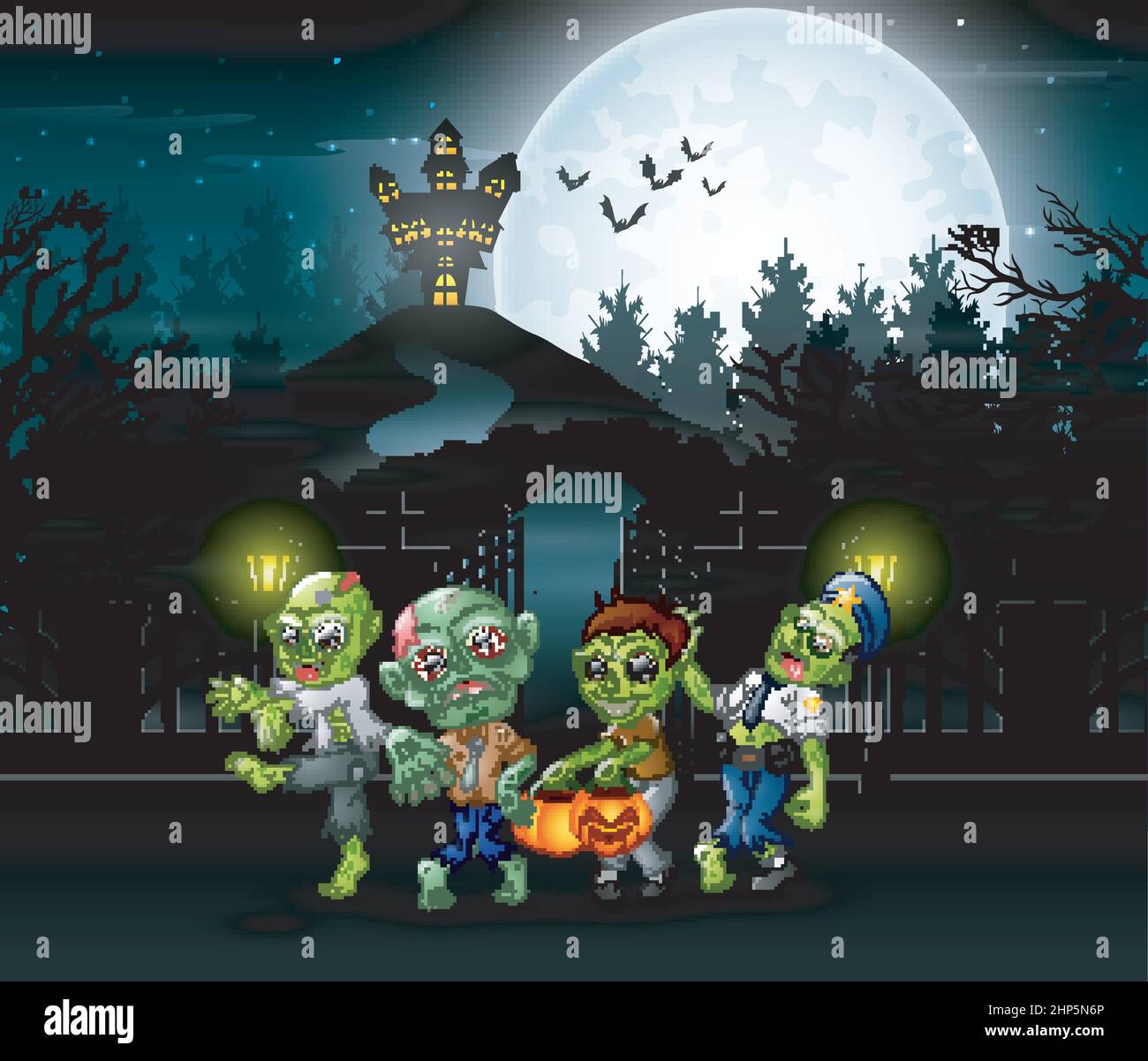 Cartone animato di zombie gruppo sul halloween con sfondo hunted casa Illustrazione Vettoriale