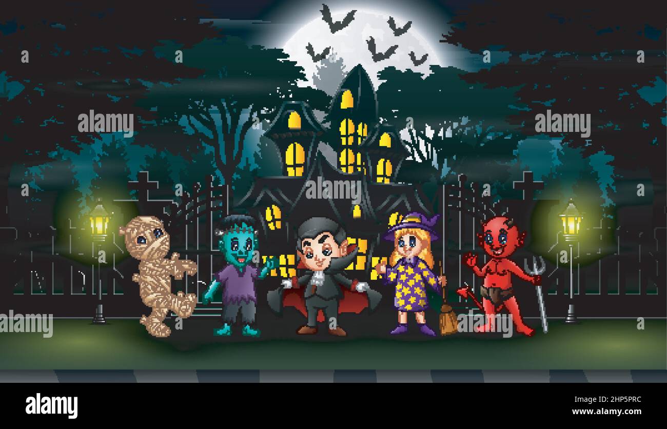 Happy halloween celebrare di fronte alla casa honted Illustrazione Vettoriale