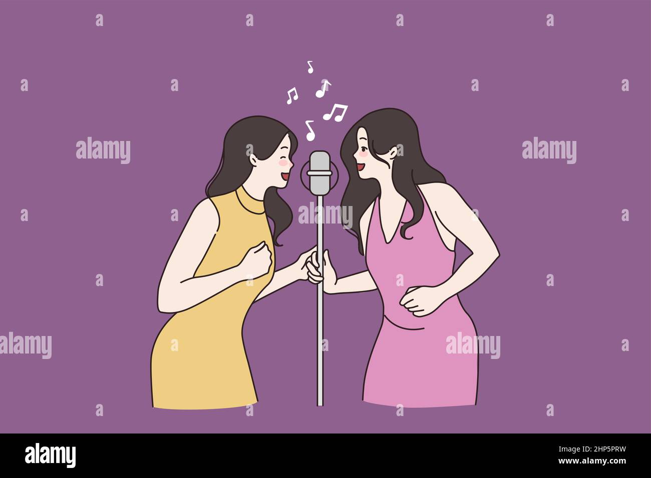 Le donne sorridenti cantano nel microfono del karaoke bar Illustrazione Vettoriale