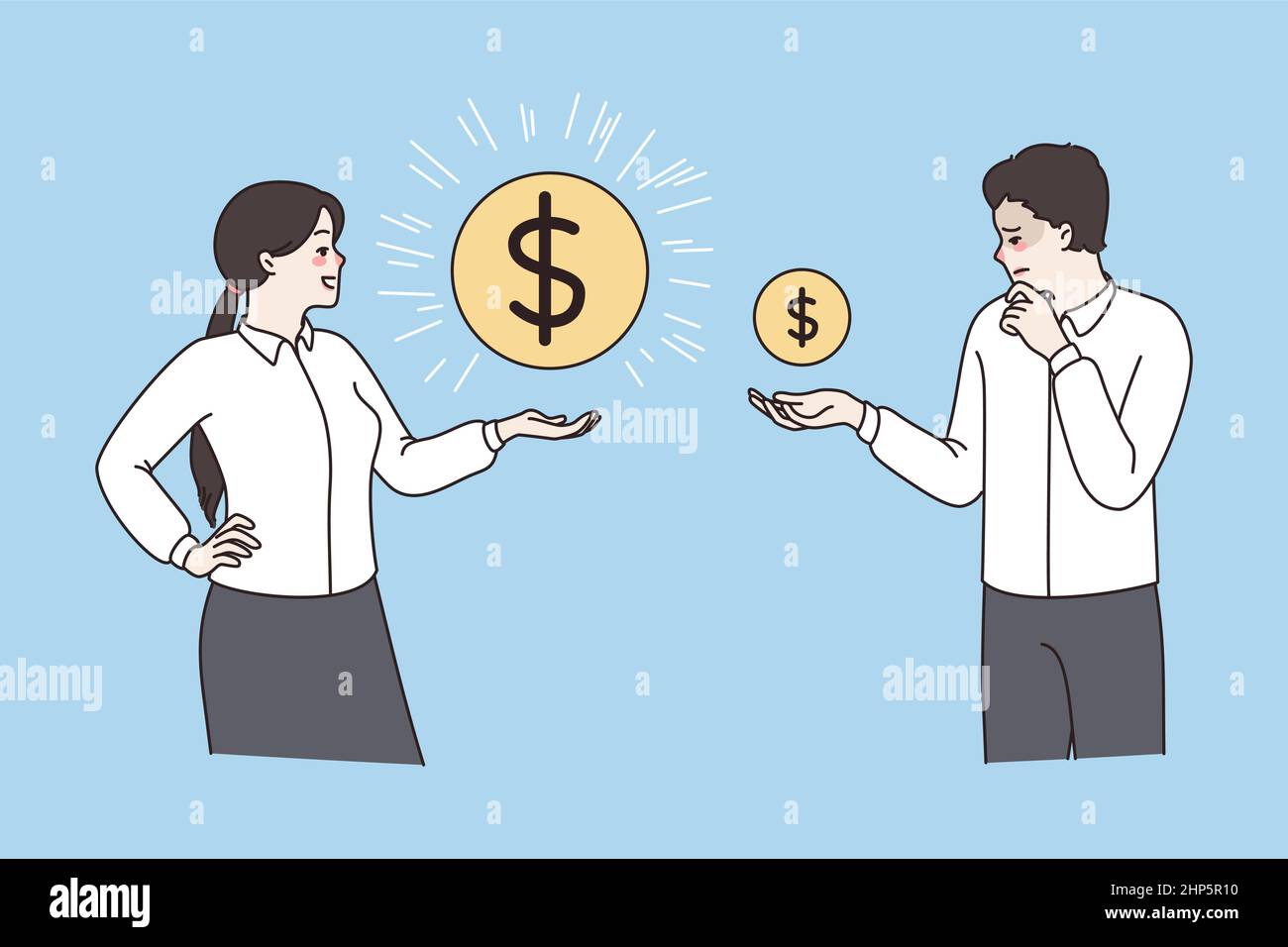 I dipendenti con monete mostrano la variazione di stipendio Illustrazione Vettoriale