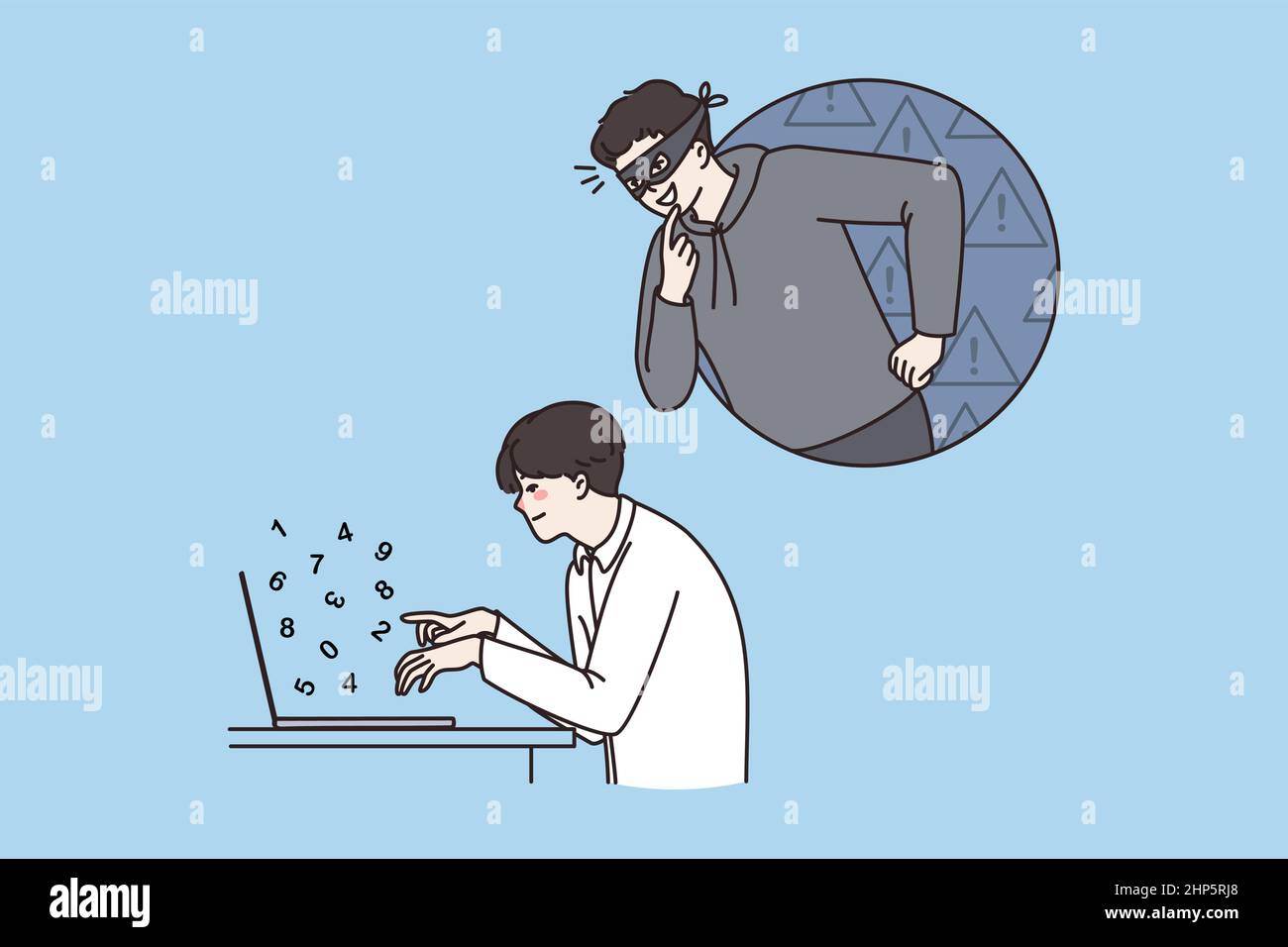 Hacker spy su lavoro maschile ufficio utilizzando il computer Illustrazione Vettoriale