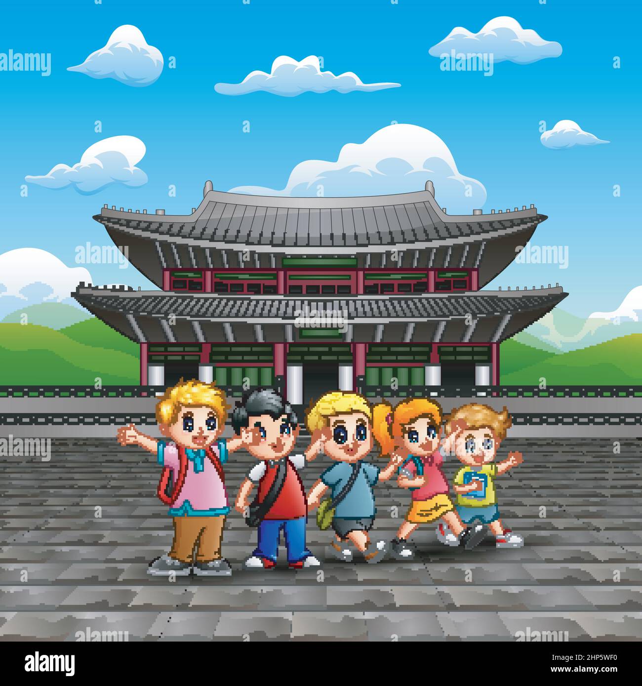 Tour di studio dei cartoni animati dei bambini felici nel palazzo di Changdeokgung Illustrazione Vettoriale