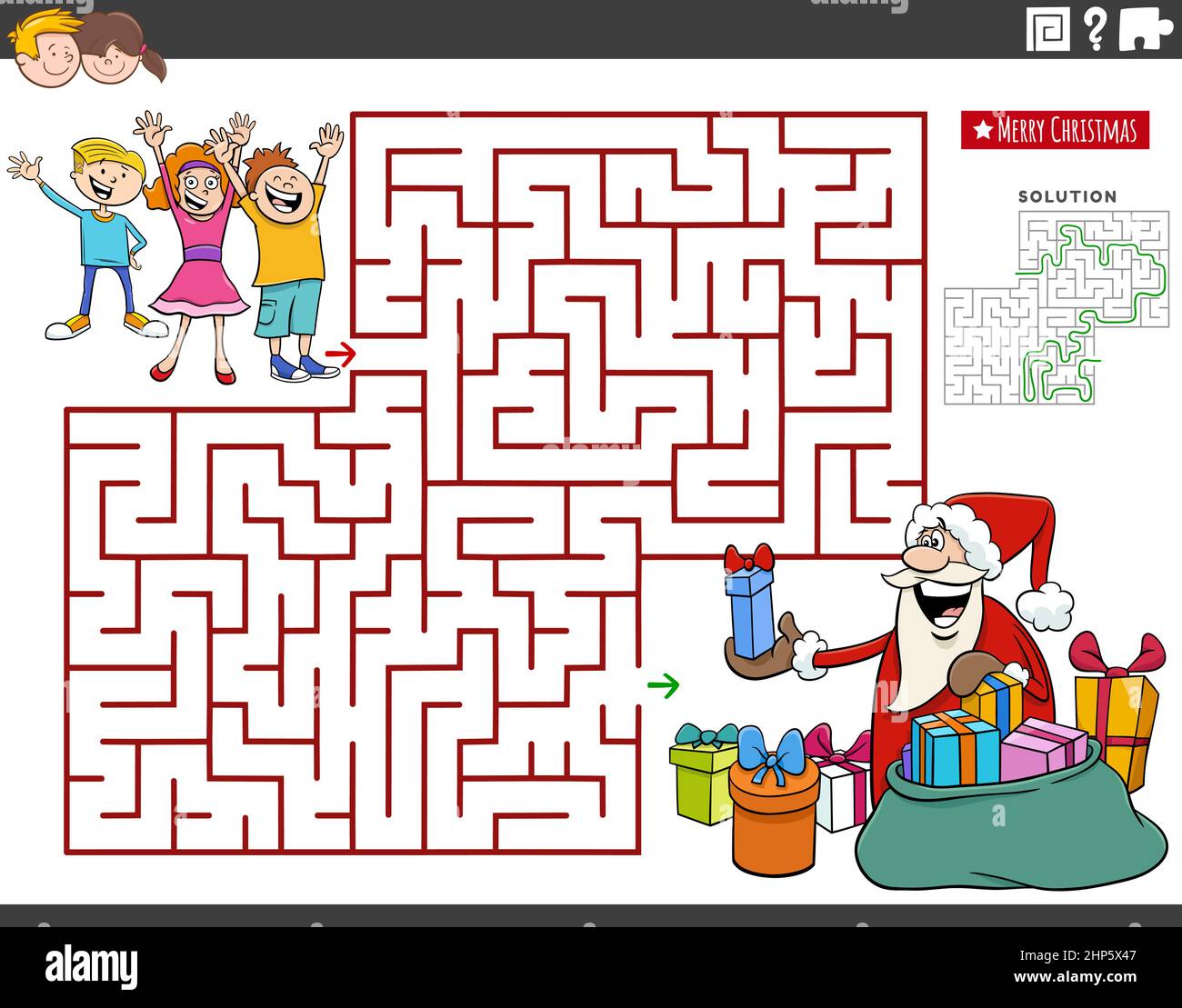 Gioco di labirinto con cartoon Babbo Natale e bambini Illustrazione Vettoriale