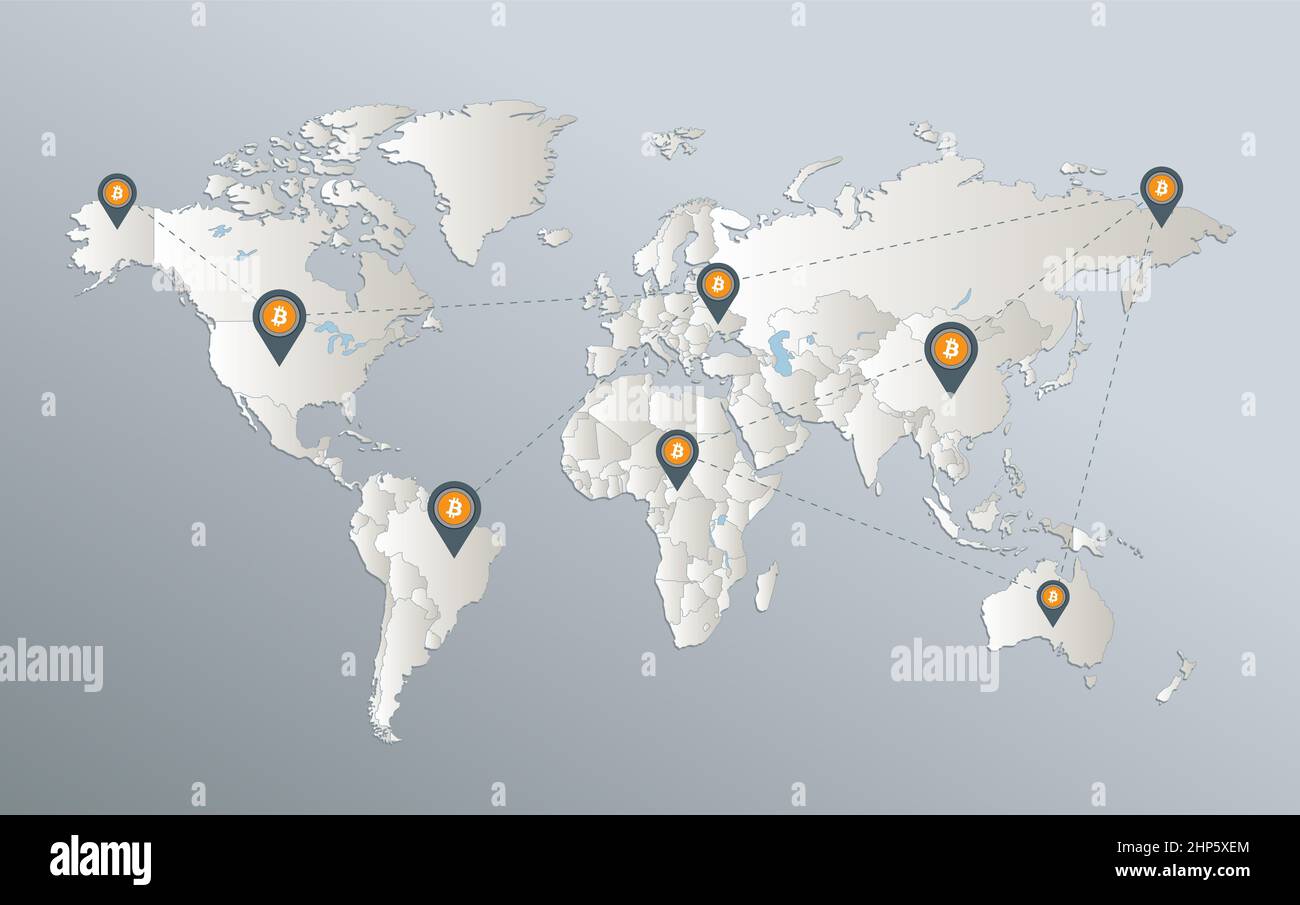 Mappa del mondo, rete bitcoin e puntatore di posizione, carta cartoncino blu bianca 3D raster Foto Stock
