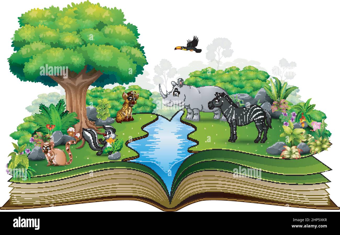 Apri un libro con il cartone animato animale che gioca nel fiume Illustrazione Vettoriale