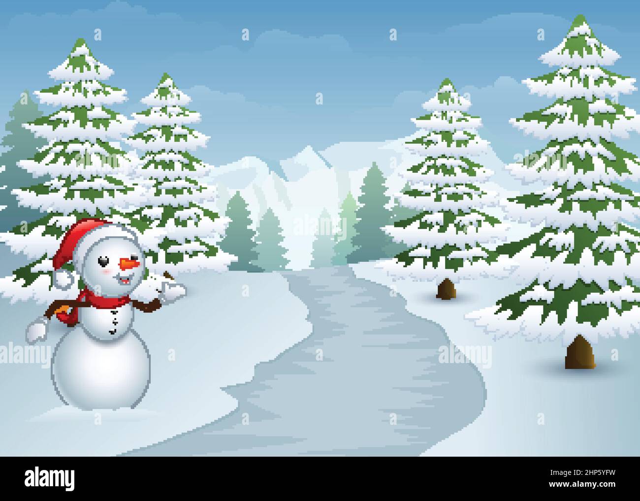 Snowman sul lato della strada con cipressi innevati Illustrazione Vettoriale