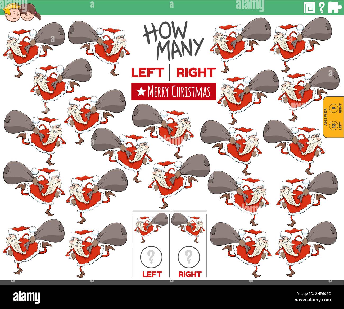 Gioco di conteggio delle immagini di destra e di sinistra del cartoon Santa Illustrazione Vettoriale