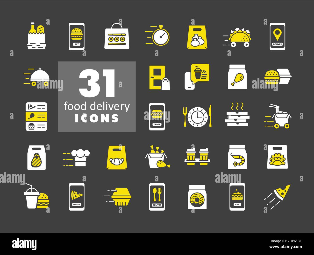 Set di icone piatte vettoriali per la consegna rapida di alimenti Illustrazione Vettoriale