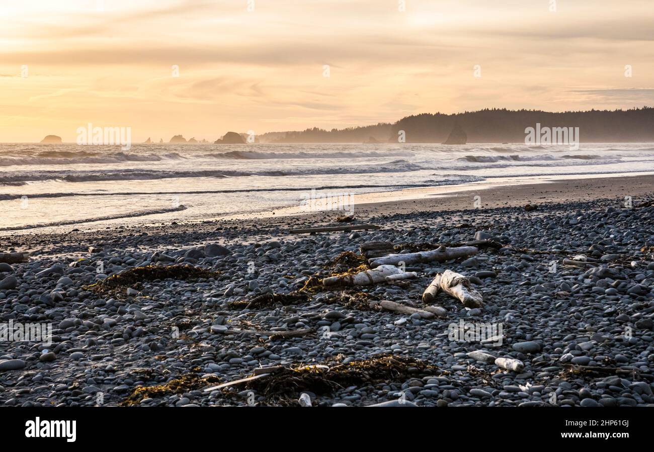Onde che arrivano a riva al tramonto sulla costa olimpica di Washington, USA. Foto Stock