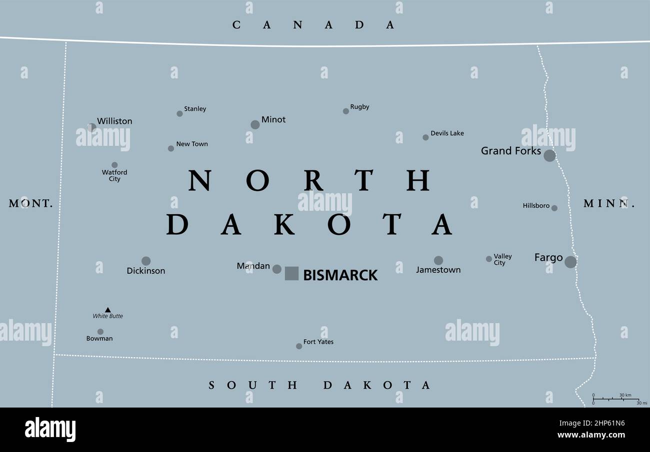 North Dakota, ND, mappa politica grigia, stato degli Stati Uniti, Peace Garden state Illustrazione Vettoriale