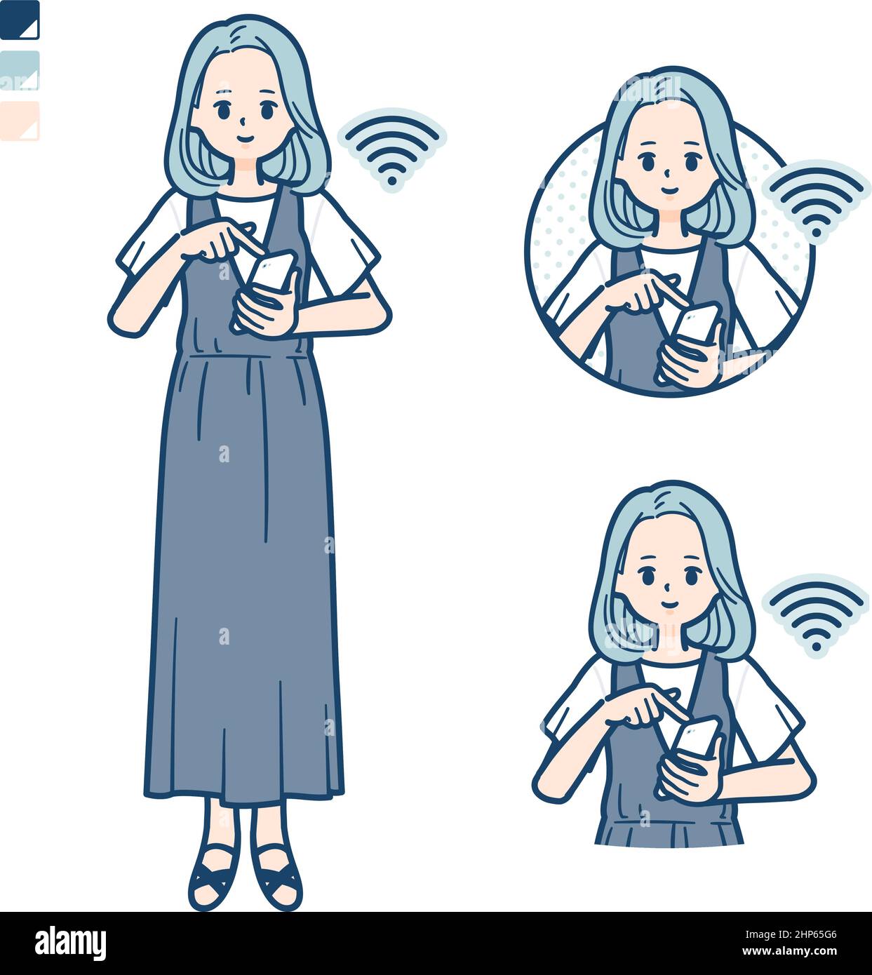 Una giovane donna in un abito senza maniche con immagini per smartphone Operate. È un'arte vettoriale che semplifica l'editing. Illustrazione Vettoriale