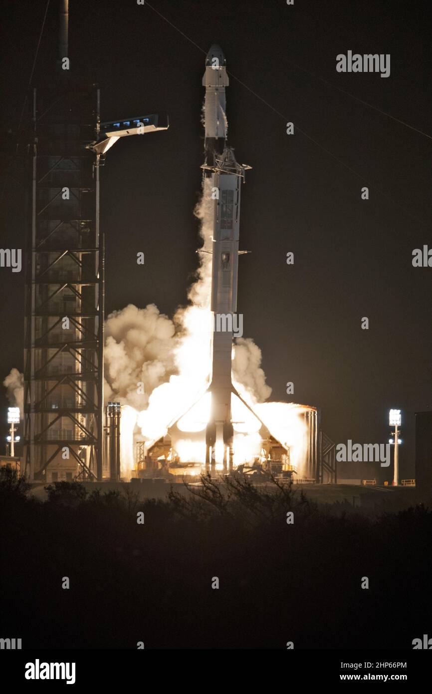 Un razzo SpaceX Falcon 9 a due fasi parte dal Launch Complex 39A presso il Kennedy Space Center della NASA in Florida per Demo-1, la prima missione senza equipaggio del Commercial Crew Program dell’agenzia. Il liftoff era alle 2:49 del mattino, 2 marzo 2019 Foto Stock