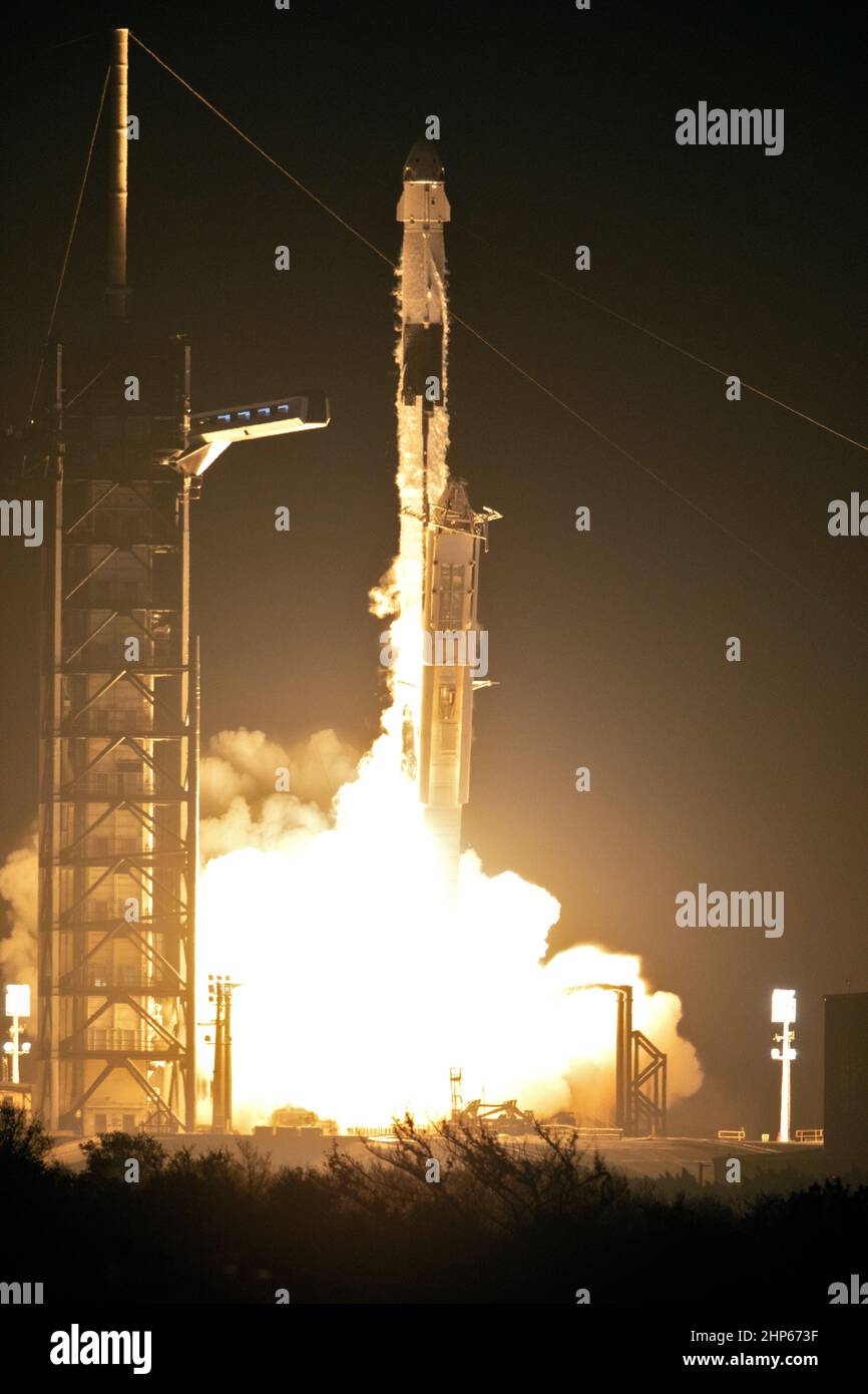 Un razzo SpaceX Falcon 9 a due fasi parte dal Launch Complex 39A presso il Kennedy Space Center della NASA in Florida per Demo-1, la prima missione senza equipaggio del Commercial Crew Program dell’agenzia. Il liftoff era alle 2:49 del mattino, 2 marzo 2019 Foto Stock