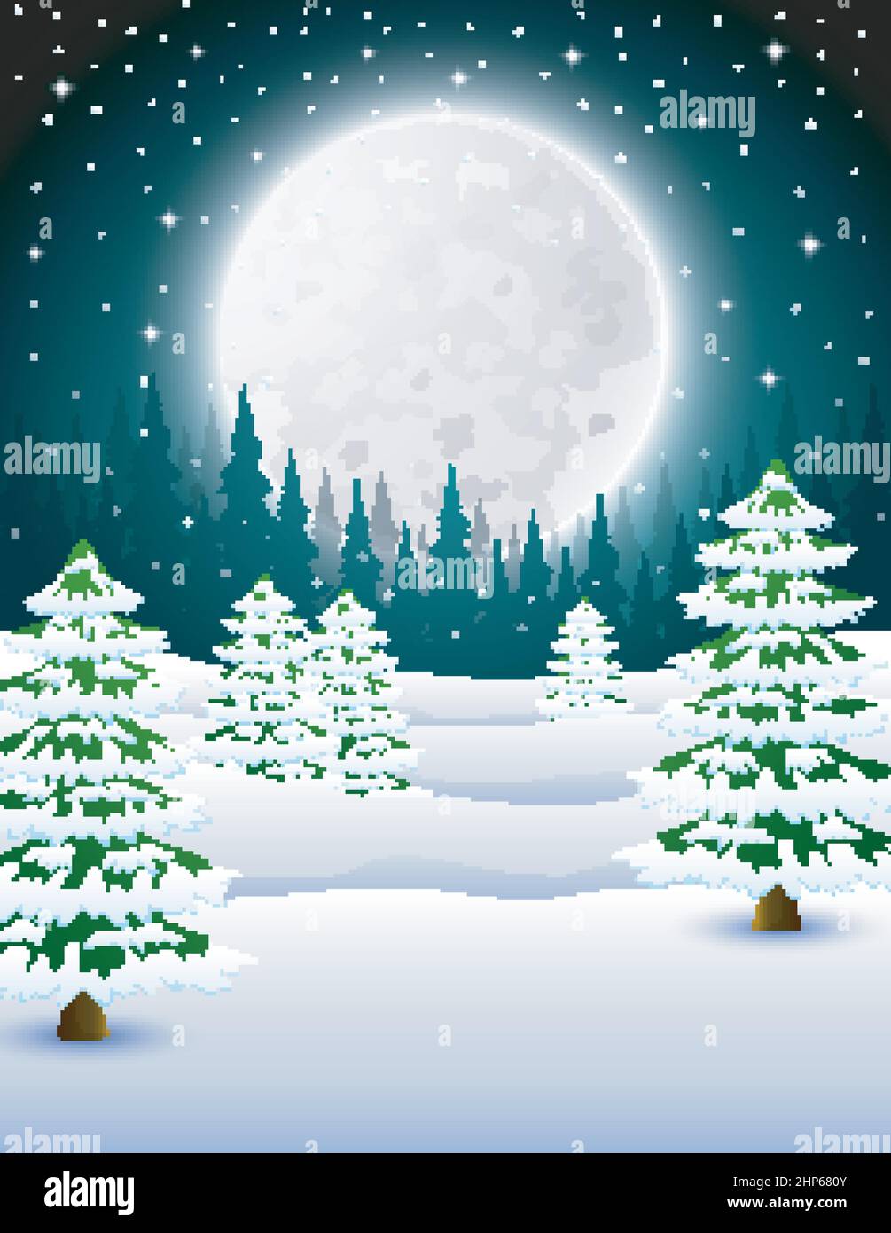 Cartoon di sfondo invernale notturno con alberi di pino di notte Illustrazione Vettoriale