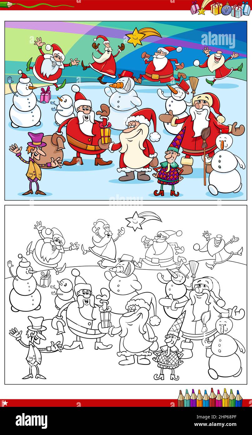 Cartoon Natale caratteri gruppo colorare pagina libro Illustrazione Vettoriale