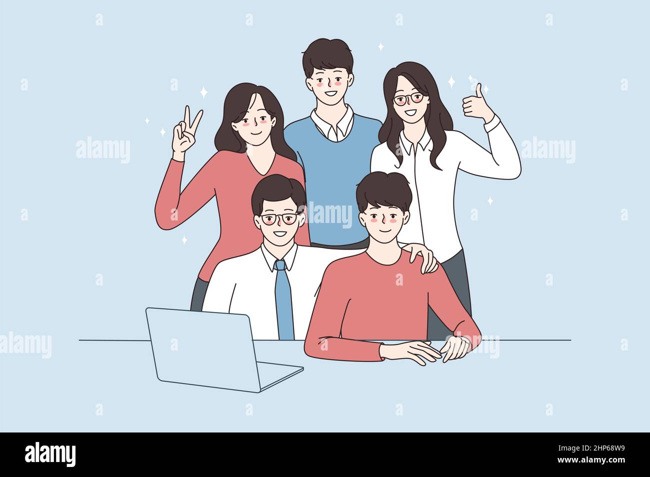 Ritratto del lavoro sorridente del team dei dipendenti sul computer Illustrazione Vettoriale