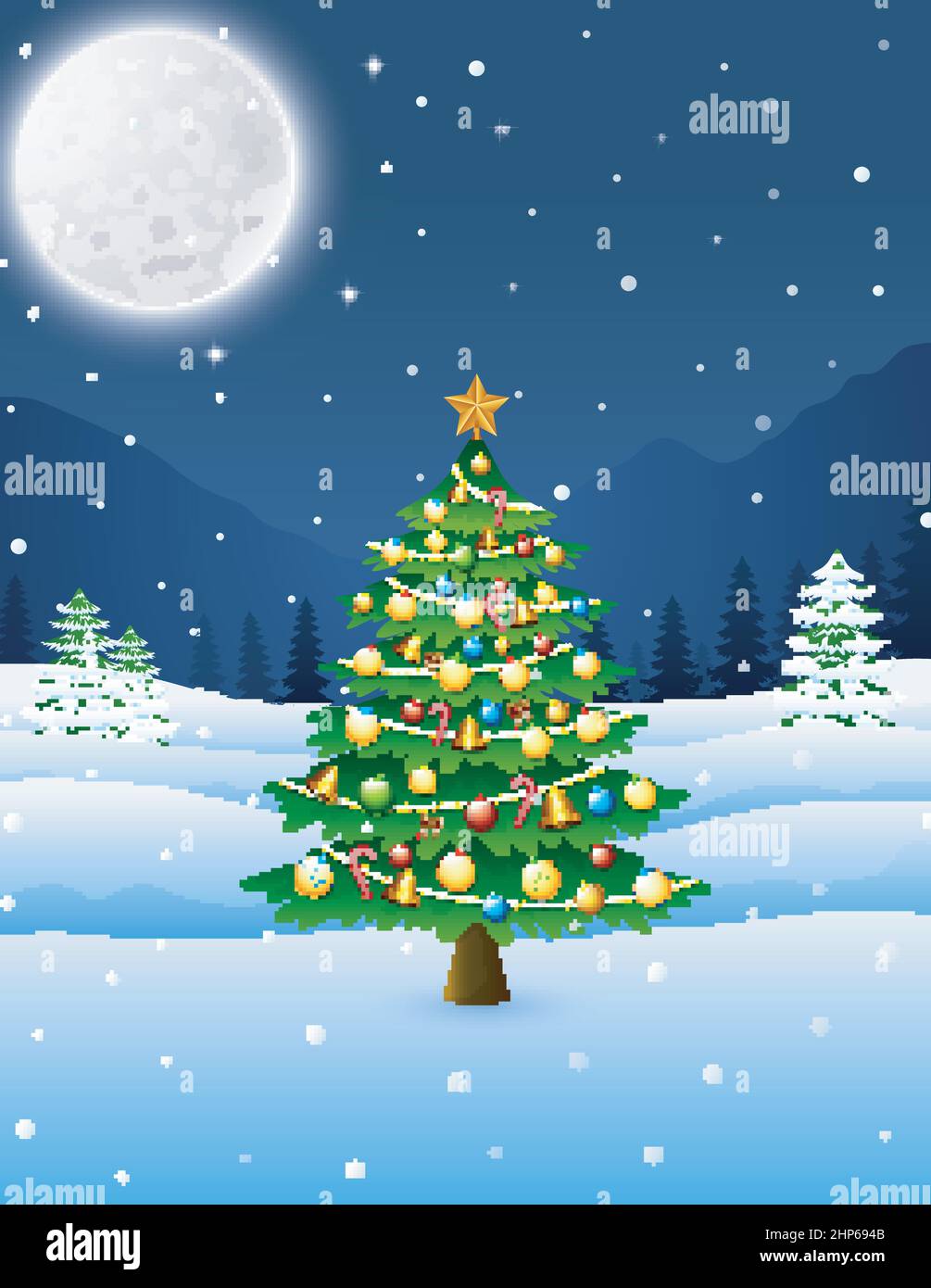 Albero di Natale nel paesaggio invernale notturno Illustrazione Vettoriale