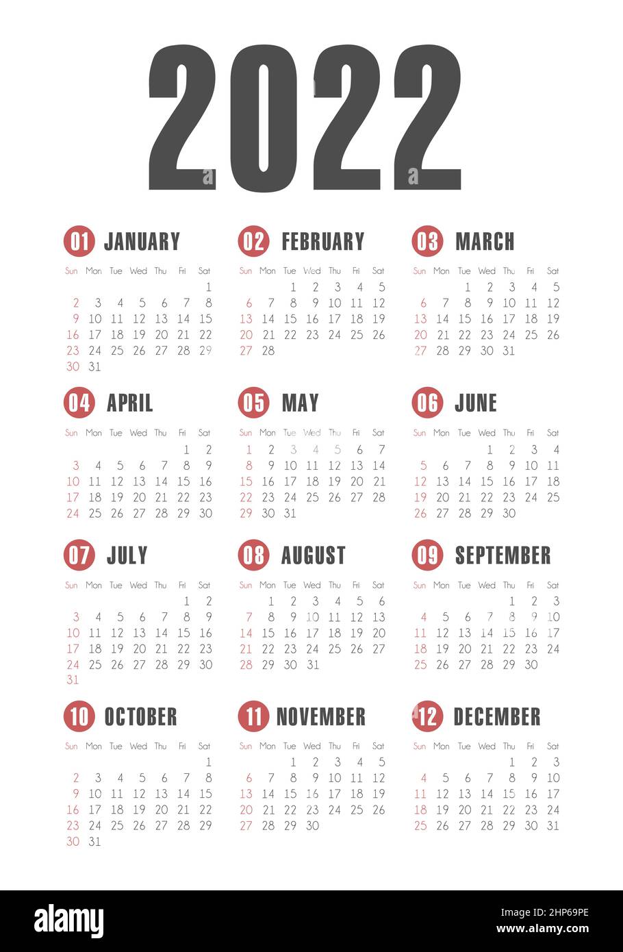 Calendario vettoriale 2022 anni. La settimana inizia da domenica Illustrazione Vettoriale