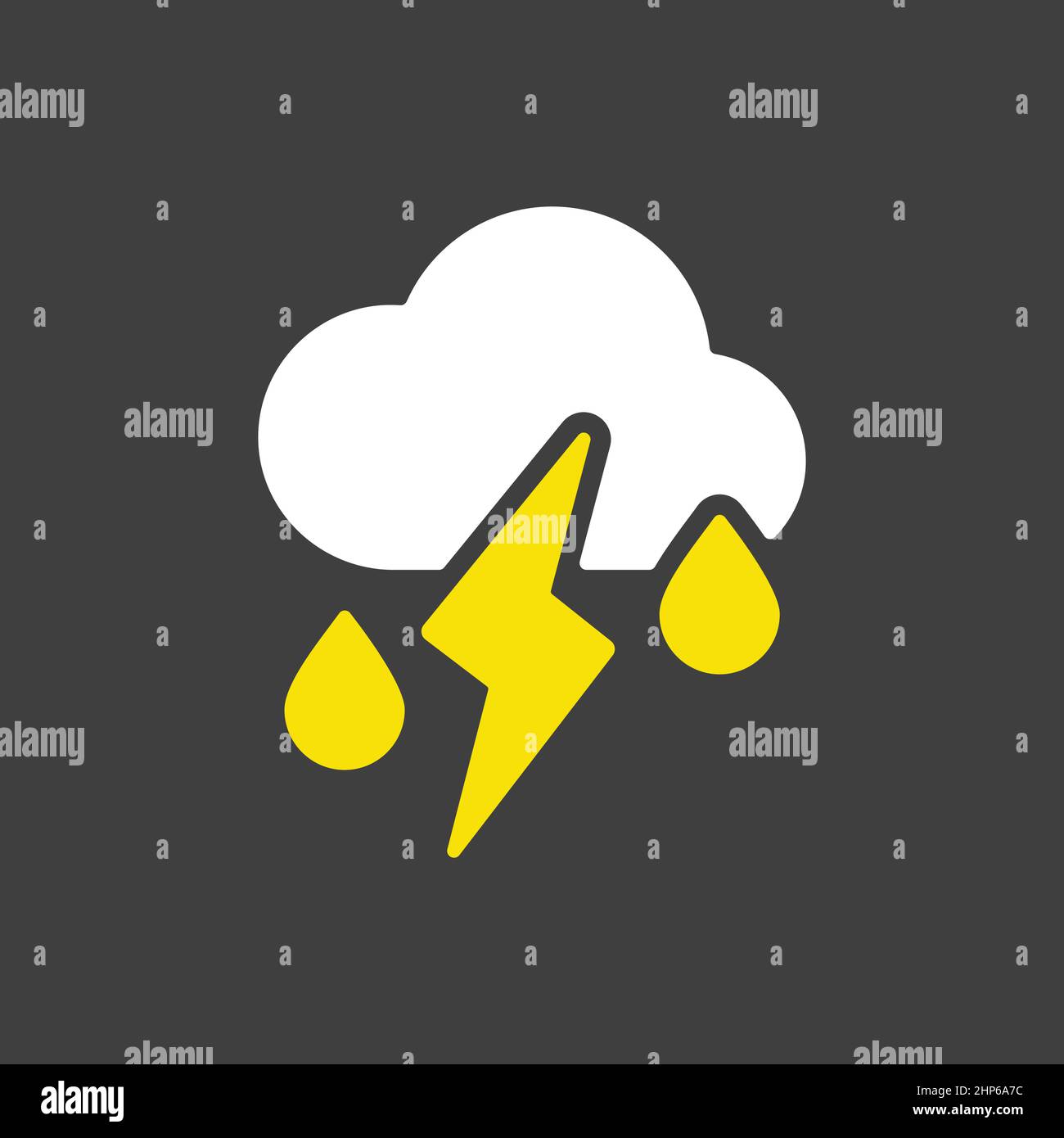 Nuvola con la pioggia caduta e un'icona vettoriale di fulmine su sfondo scuro Illustrazione Vettoriale