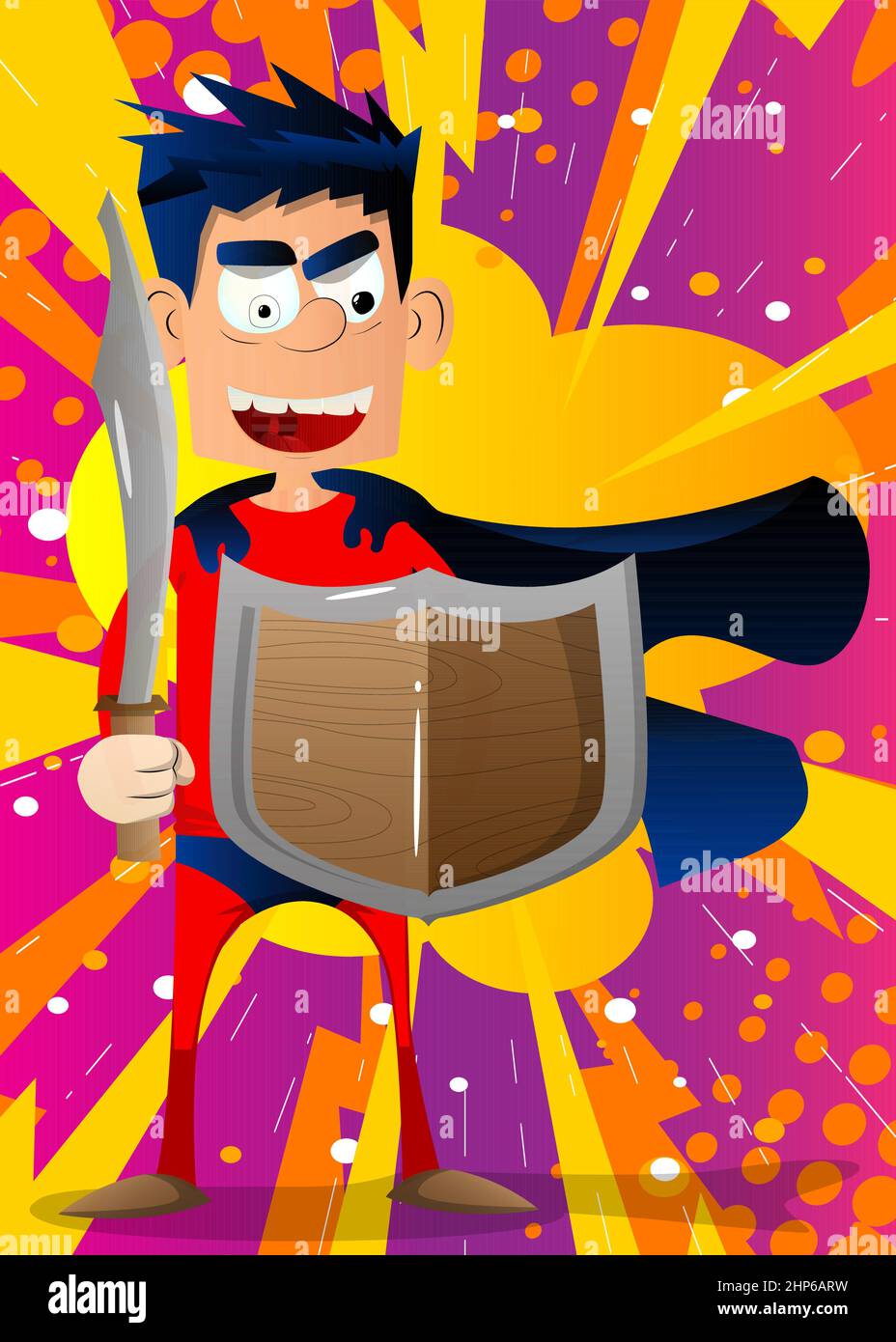 Divertente uomo cartoon vestito come un supereroe che tiene una spada e scudo. Illustrazione Vettoriale